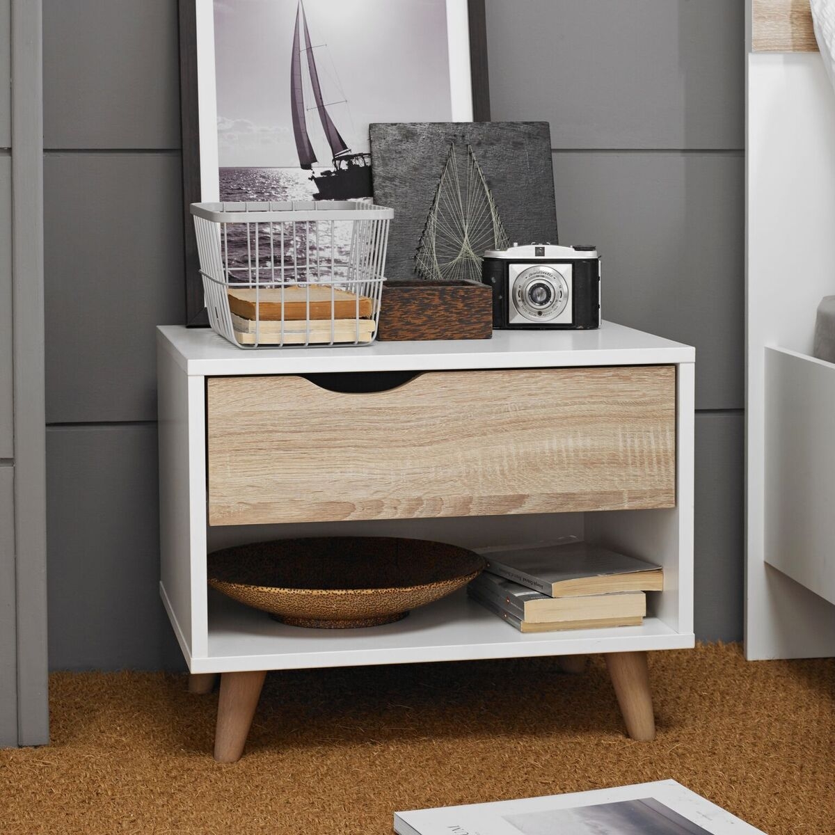 Bedside Table - STOCKHOLM 1 Drawer Nightstand White 39cm