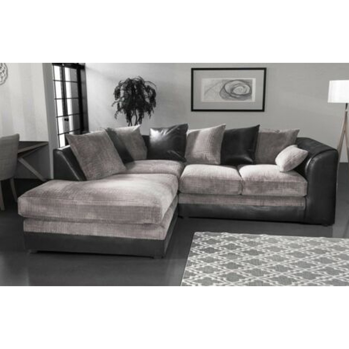 MESHA Jumbo Cord 4 Seater Corner Sofa - L Shaped - Left Hand Facing - Black and Grey