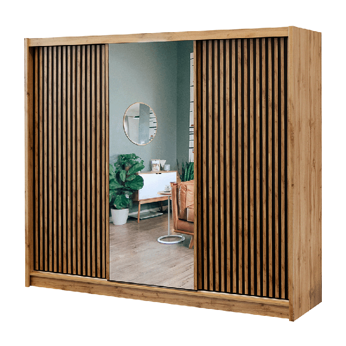 CALVERO 3 Door Mirrored Sliding Wardrobe Medium Oak - 250cm