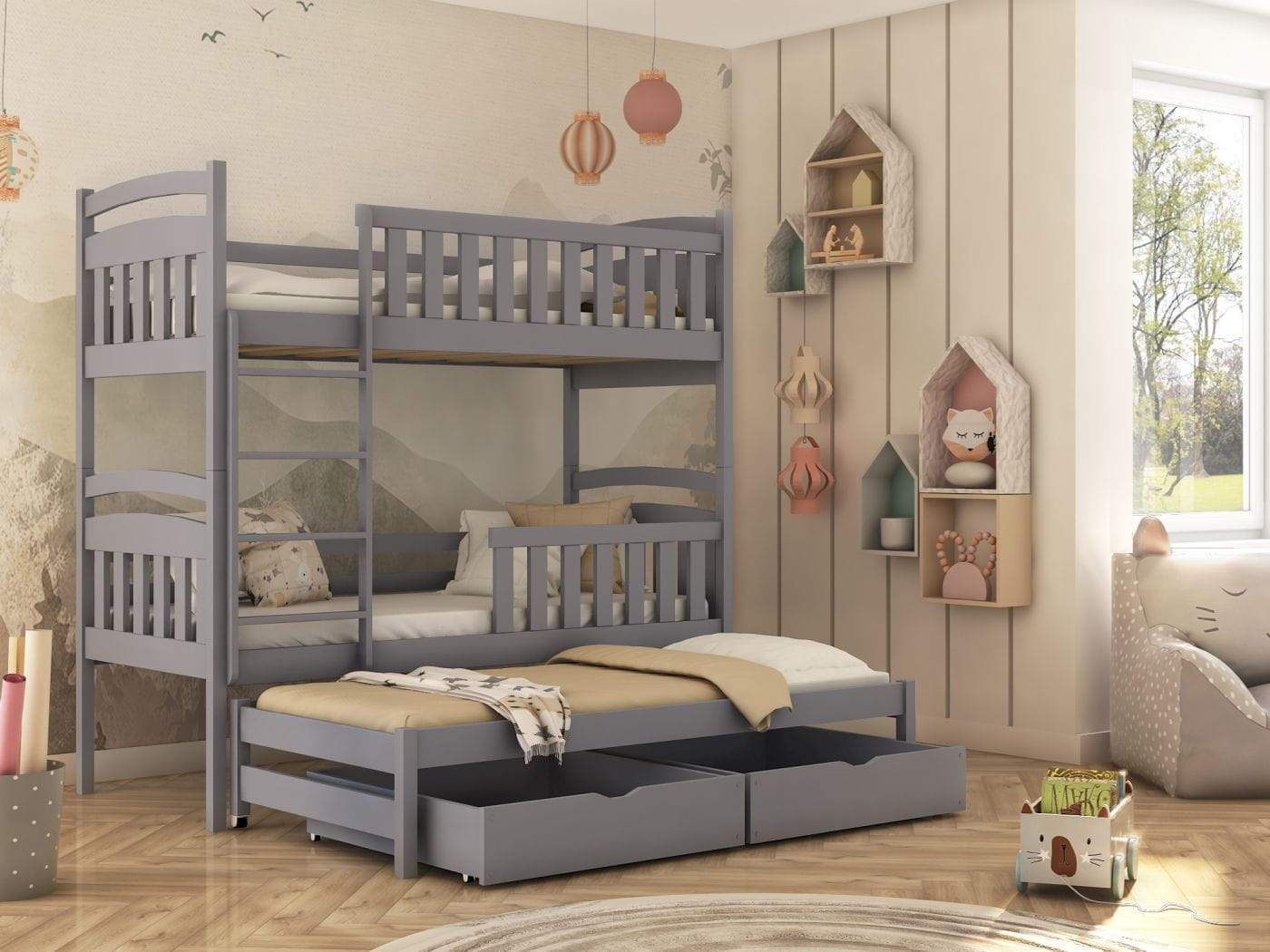 SALLY Wooden 2 Drawers Storage Double Bed with Trundle - Grey