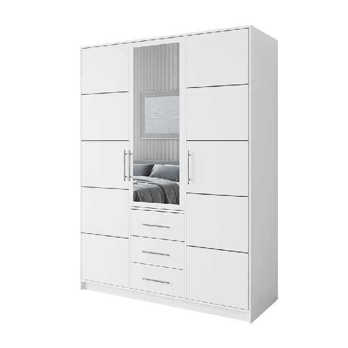 BARNSLEY 3 Door Mirrored Wardrobe with 3 Drawers White - 147cm