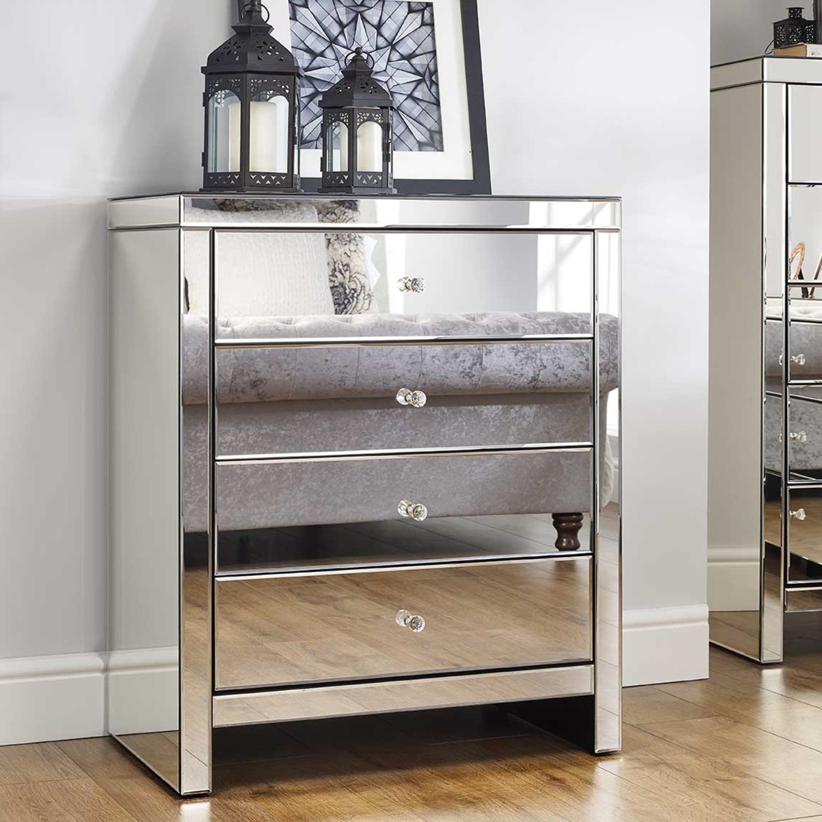 SUTTON Silver Chest of Drawers - Medium-sized, 4 Drawers, Mirrored, Ready Assembled