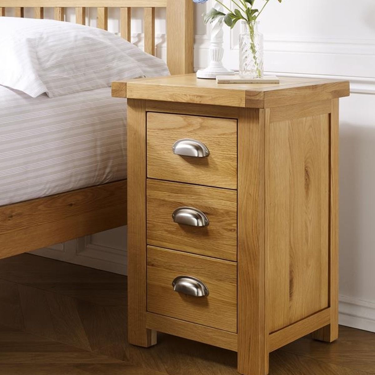 Bedside Table - BIRLEA 3 Drawer Nightstand Oak 45cm