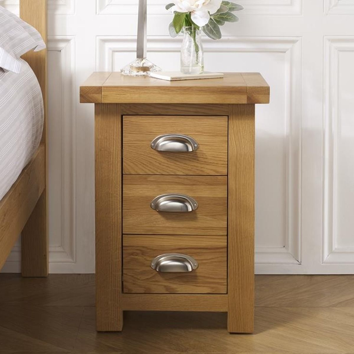 Bedside Table - BIRLEA 3 Drawer Nightstand Oak 42cm