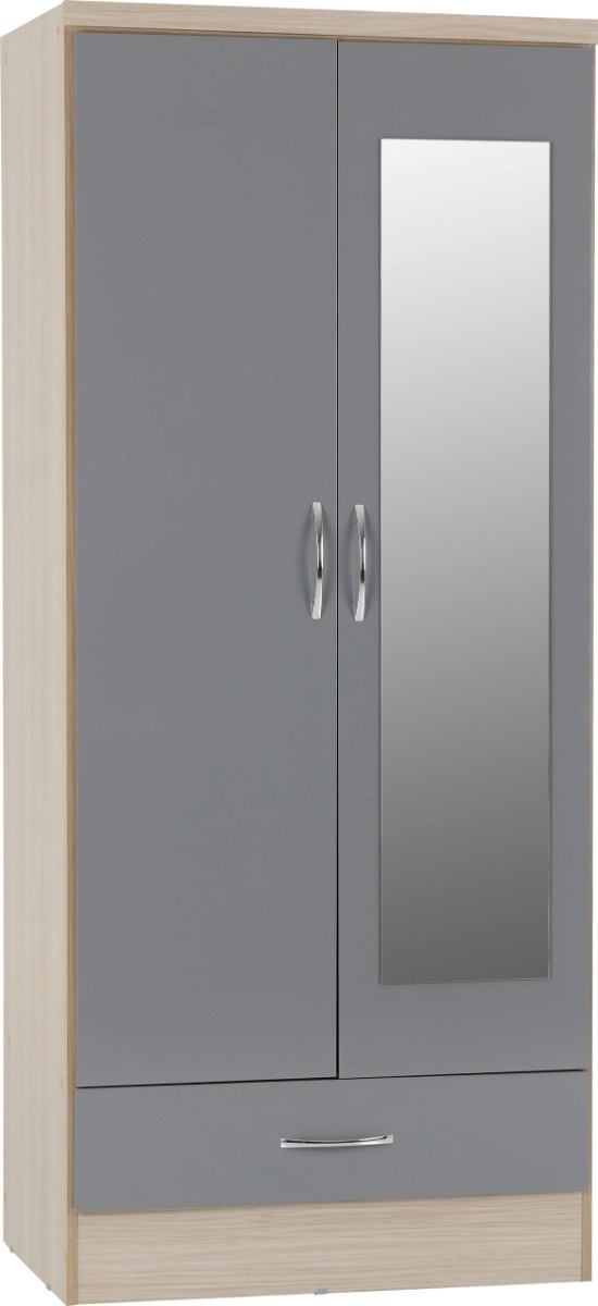 NEWBIGGIN 2 Door Mirrored Wardrobe with 1 Drawer Grey Gloss with Light Oak - 78cm