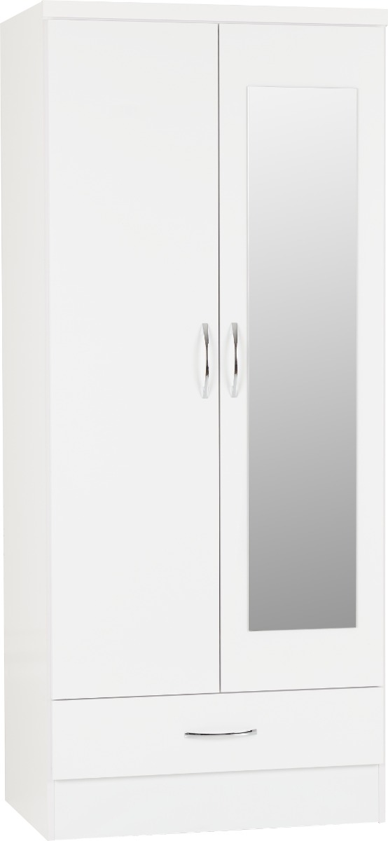 NEWBIGGIN 2 Door Mirrored Wardrobe with 1 Drawer White Gloss - 78cm