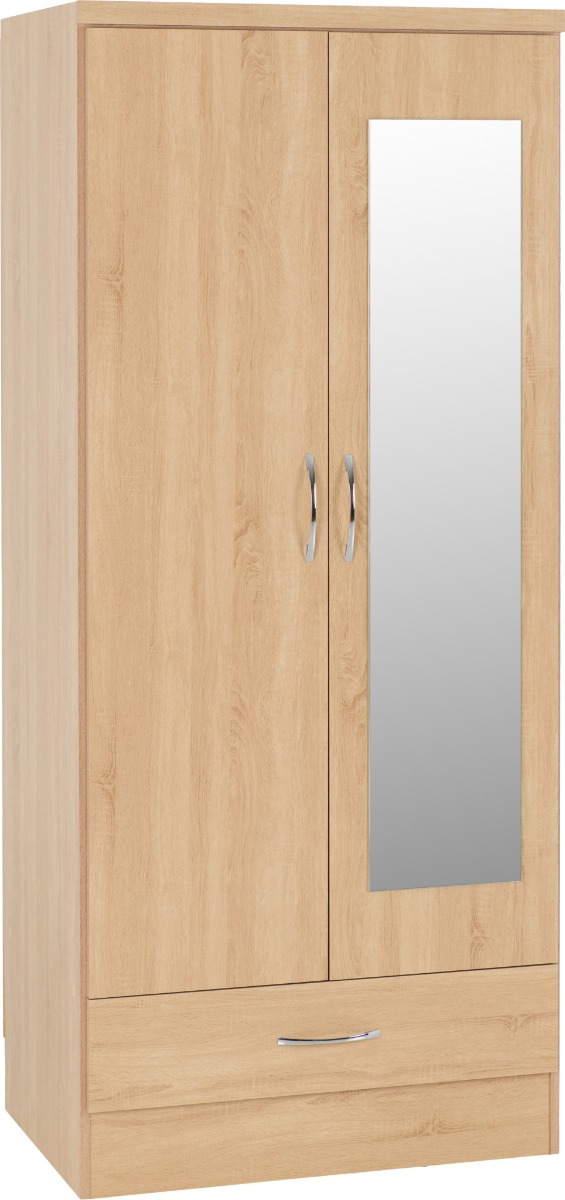 NEWBIGGIN 2 Door Mirrored Wardrobe with 1 Drawer Medium Oak - 78cm