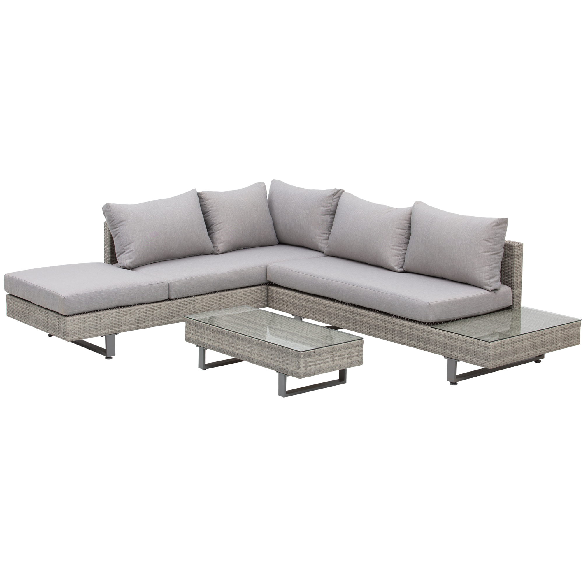 5-Seater Rattan Garden Furniture Wicker Conservatory Corner Sofa Set Chaise Lounge with Coffee Table, Side Table & Cushions-Grey