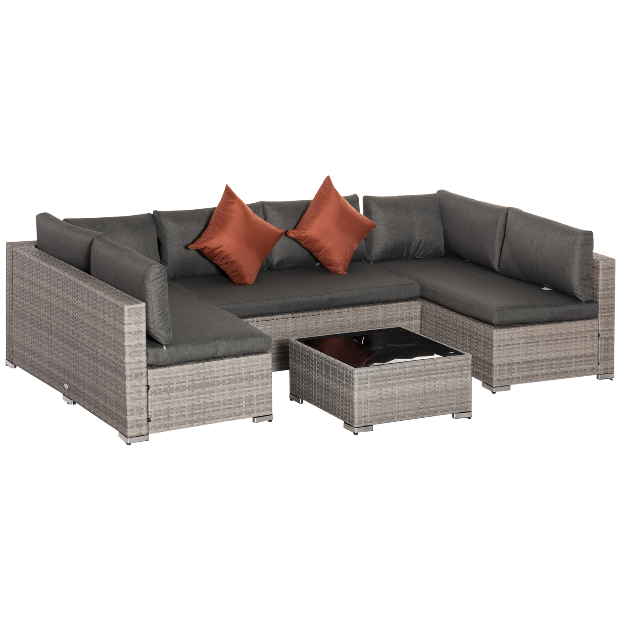Garden Rattan Furniture 6-Seater PE Rattan Sofa Set, Outdoor All Weather Conservatory Furniture, w/ Tempered Glass Coffee Table, Deep Grey