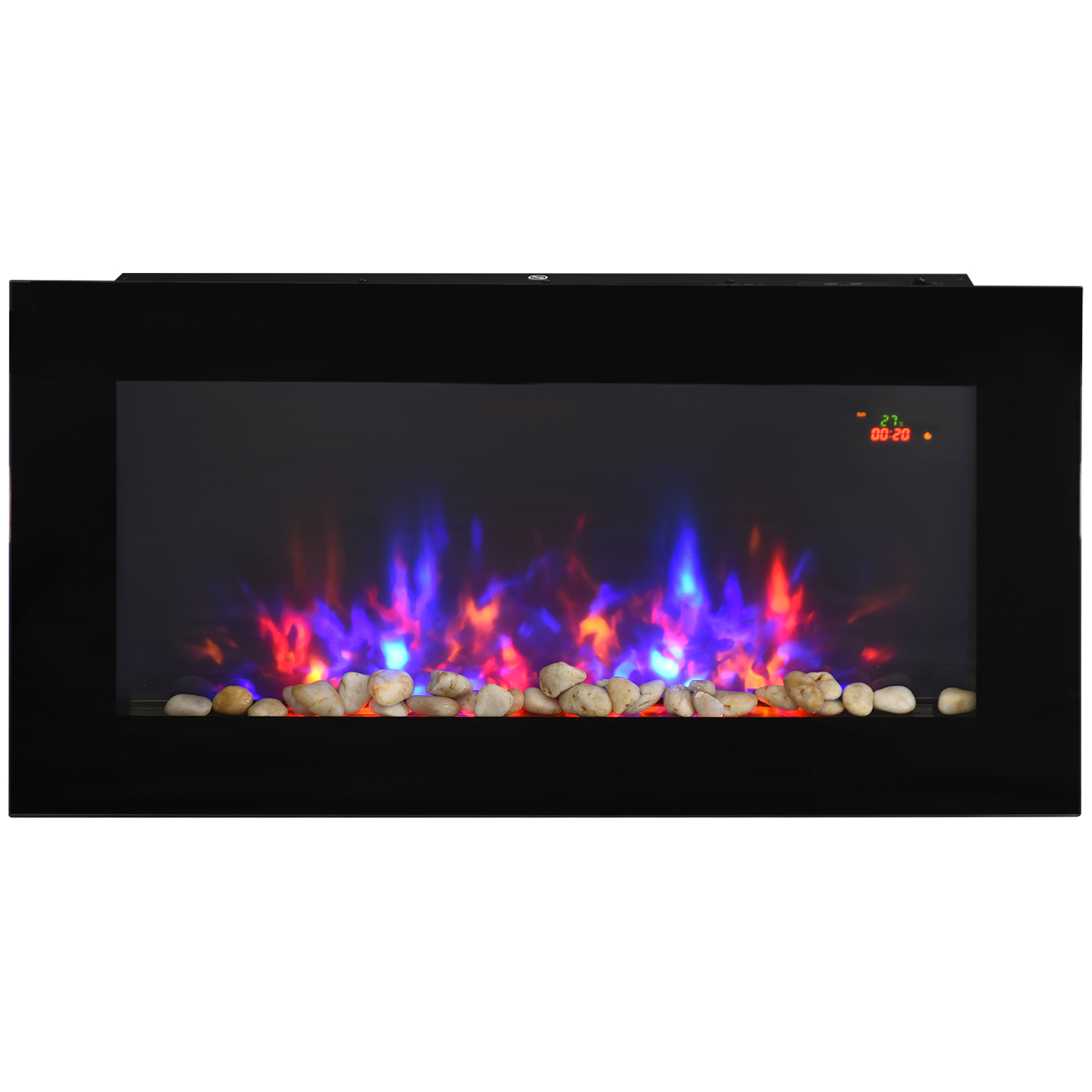 Wall Mounted 2000W Tempered Large LED Flat Glass Electric Fireplace Heater - Black