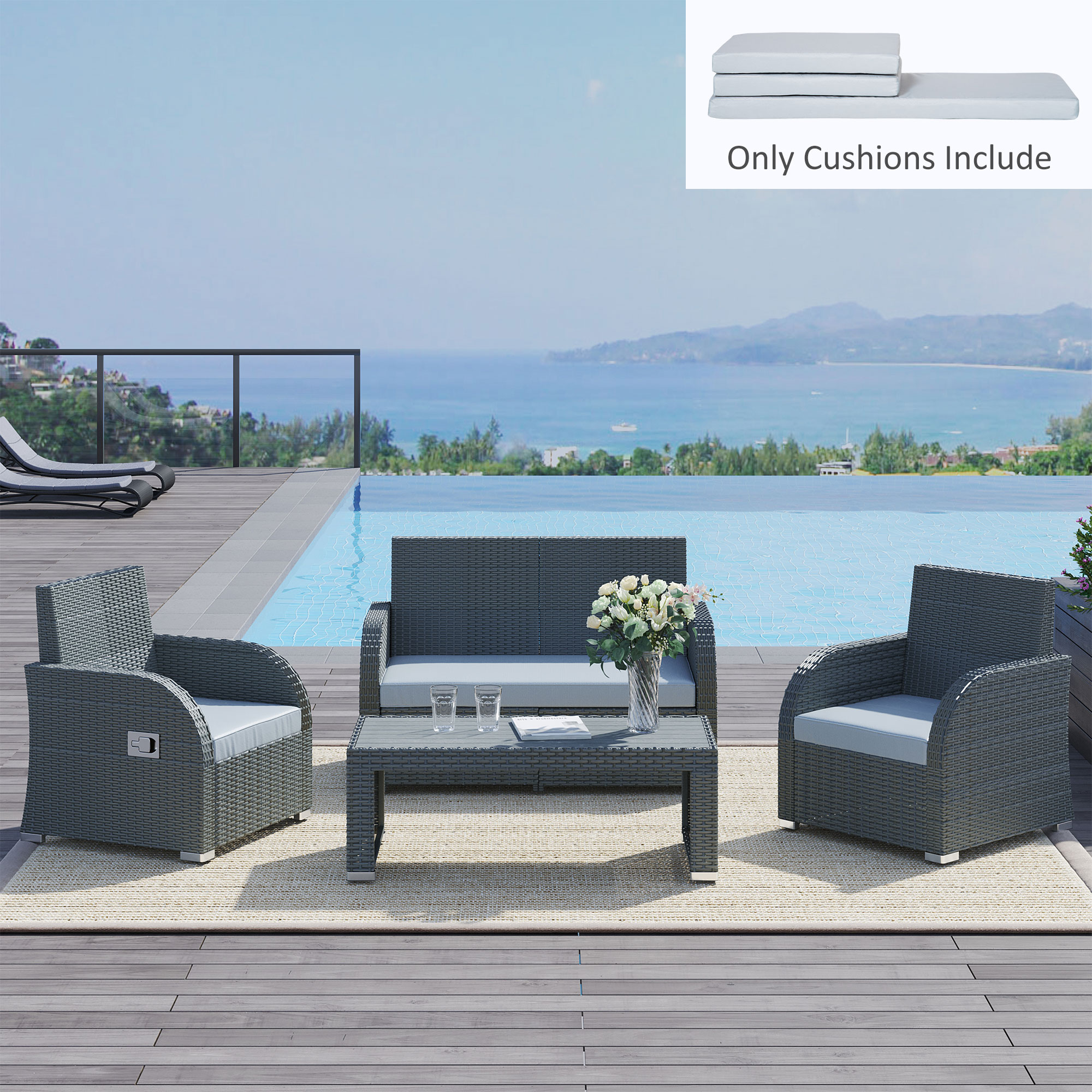 Outdoor Seat Cushion Pads for Rattan Furniture, 3 PCs Garden Furniture Cushions, Grey