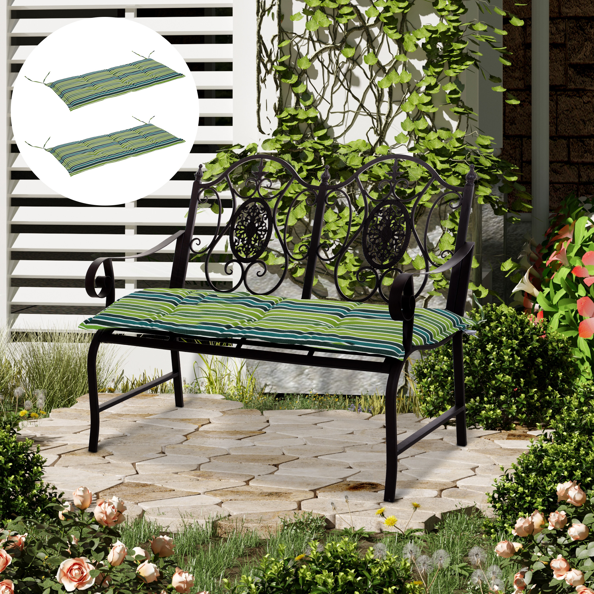 Polyester Set of 2 Seat Cushion Chair Cushin Green Stripes