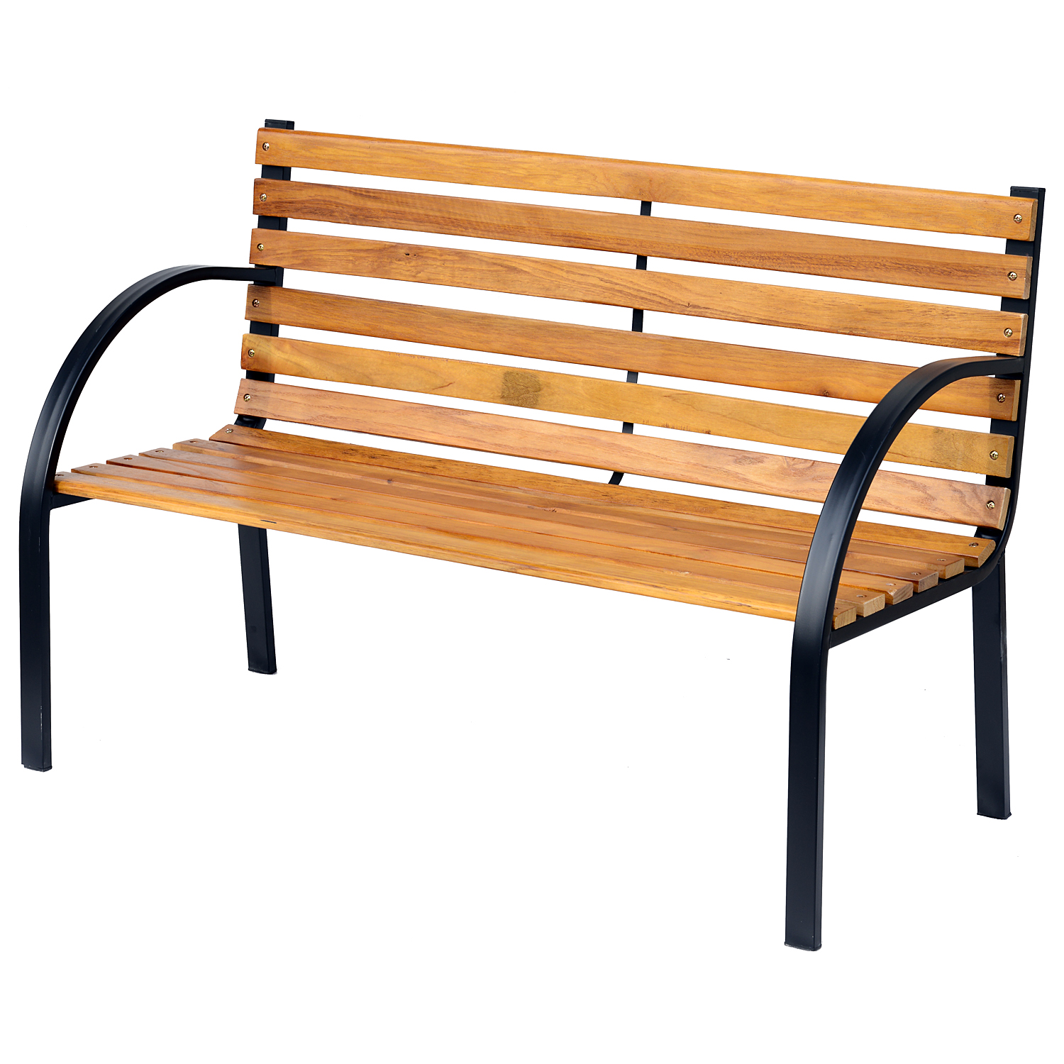 Wooden Garden Bench Park Chair 2 Seater Love Chair Outdoor Patio Porch Furniture w/ Sturdy Metal Frame