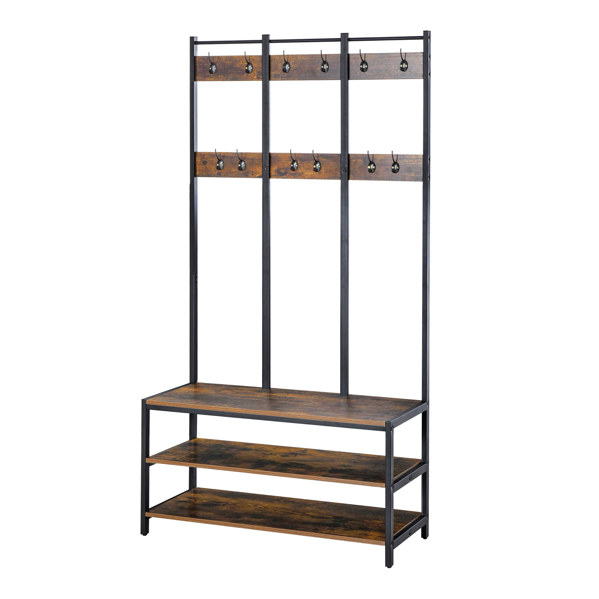 Coat Rack Stand, Free Standing Hall Tree, Coat Stand with Hooks, Bench and Shoe Rack, 100cm x 40cm x 184cm, Rustic Brown and Black