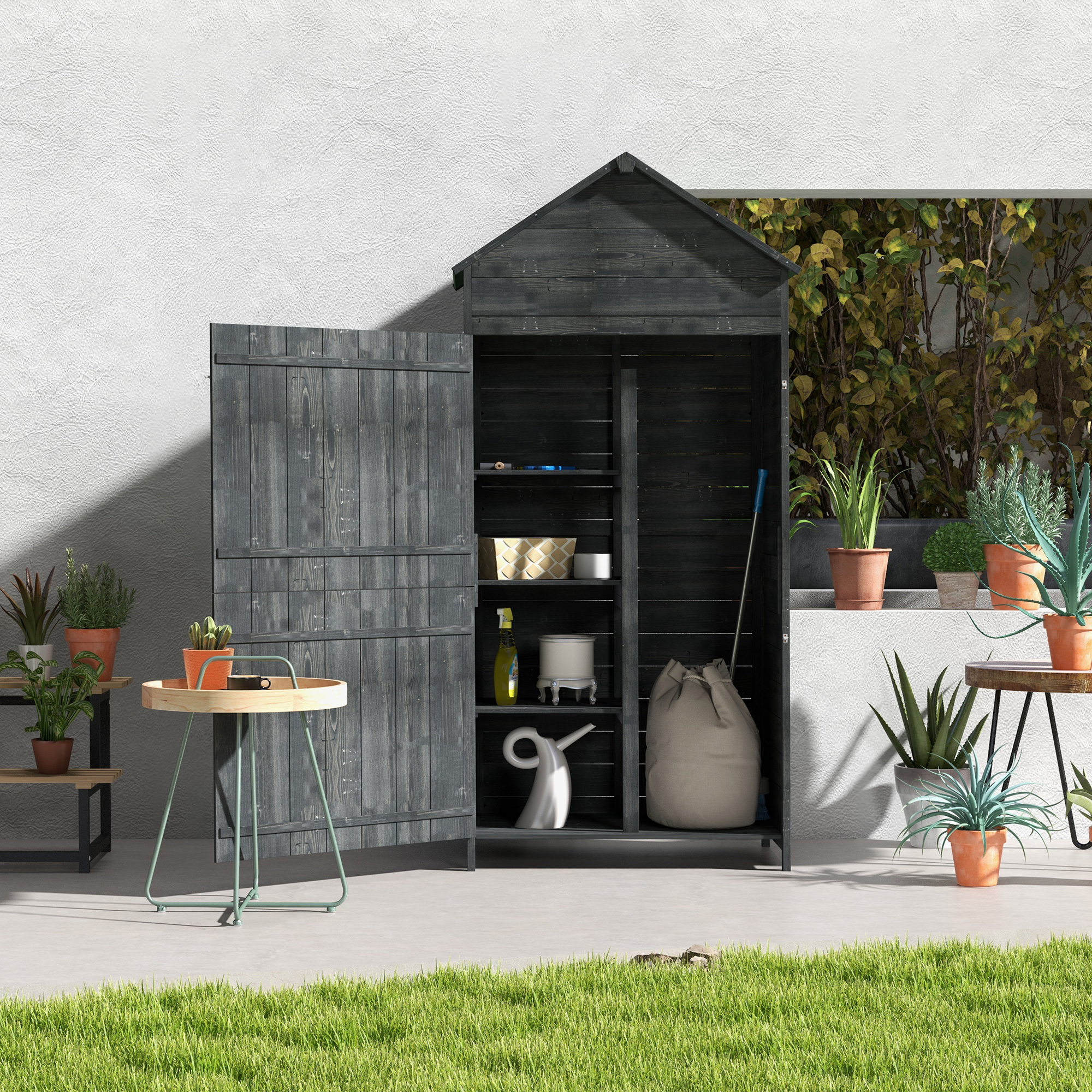 Garden Shed 4-Tier Wooden Garden Outdoor Shed 3 Shelves Utility Gardener Cabinet Lockable 2 Doors - Grey