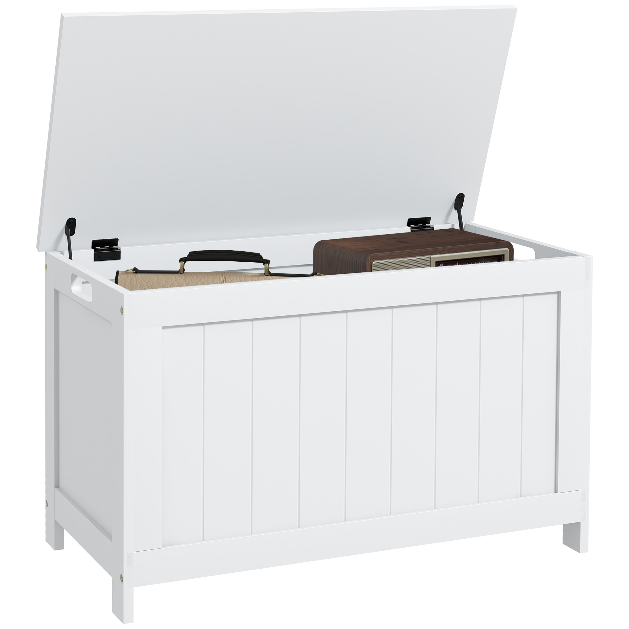 Storage Chest, Modern Storage Trunk with 2 Safety Hinges and Cut-out Handles, Wooden Toy Box for Living Room, Entryway, 76 x 40 x 48 cm, White