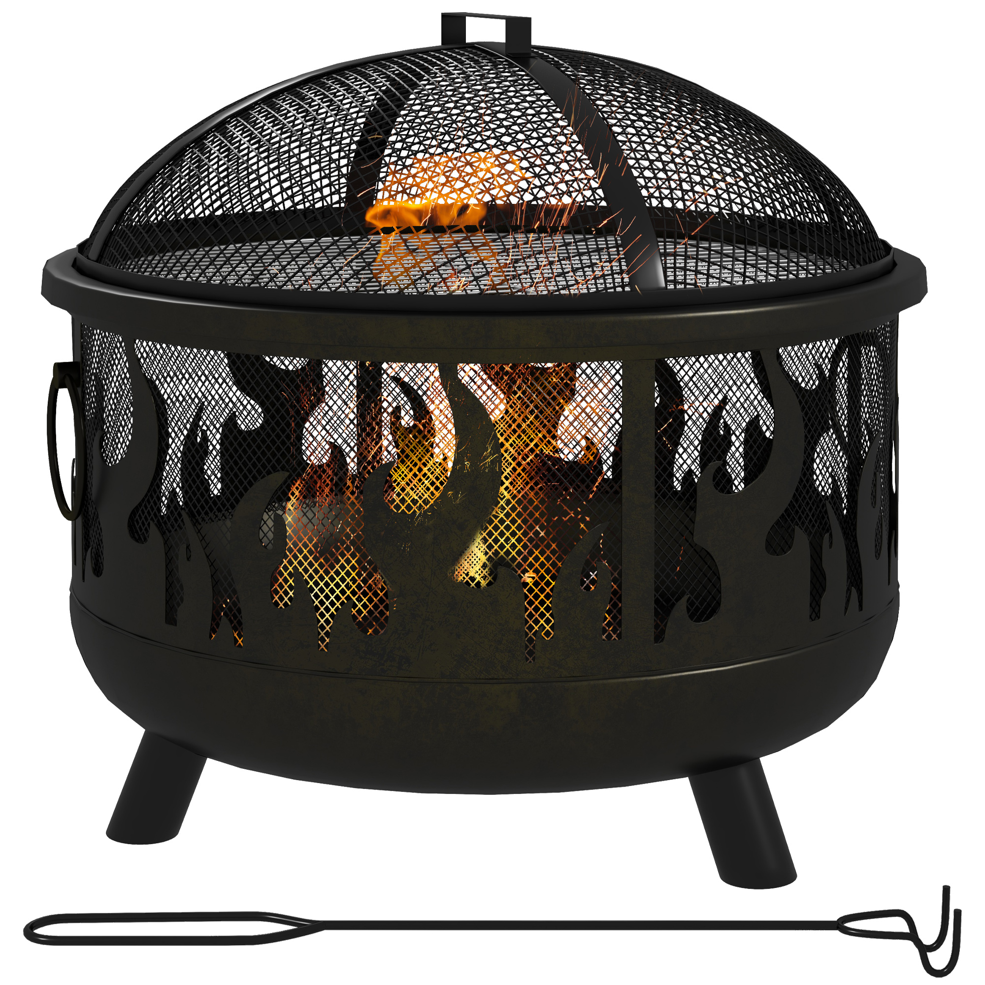 Metal Firepit Bowl Outdoor 2-In-1 Round Fire Pit w/ Lid, Grill, Poker, Handles for Garden, Camping, BBQ, Bonfire, Wood Burning Stove, 61.5 x 61.5 x 