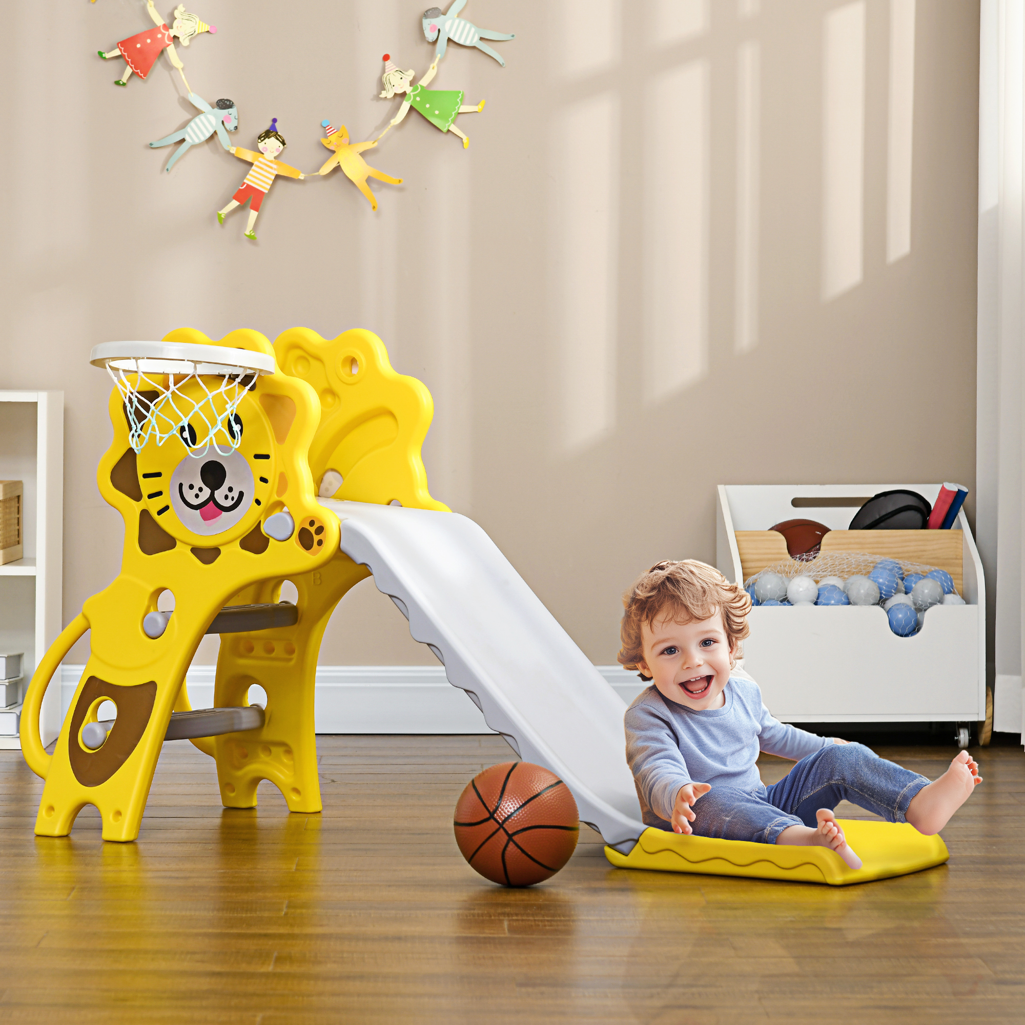 AIYAPLAY Baby Slide with Basketball Hoop, Easy to Assemble Kids Slide for Indoor Use, for Ages 18-36 Months - Yellow