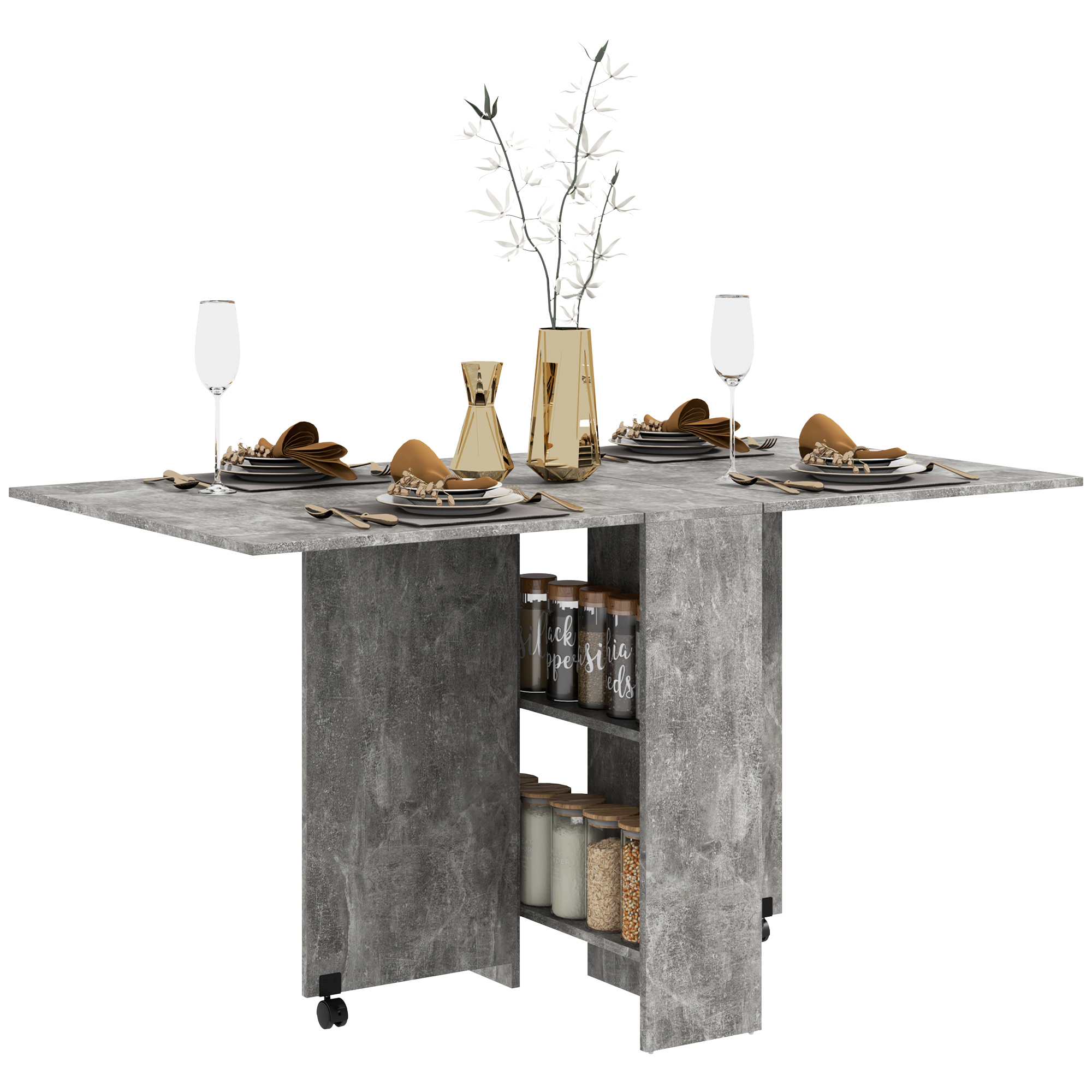 Folding Drop Leaf Dining Table with Shelves and Rolling Casters