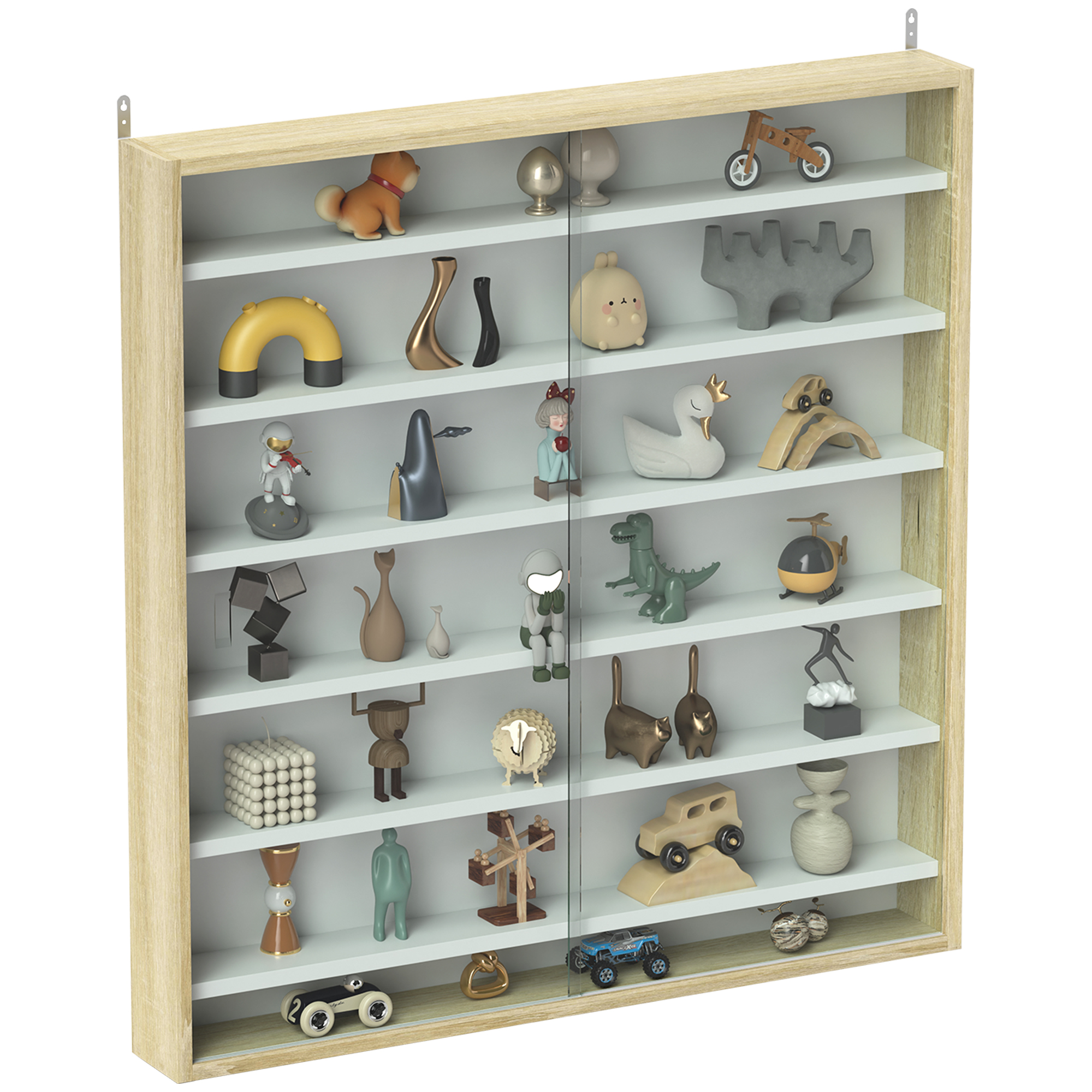 HERON 7-Tier Wall Display Shelf Unit Cabinet w/ 6 Adjustable Shelves Glass Doors Home Office Ornaments 83x80cm, Oak