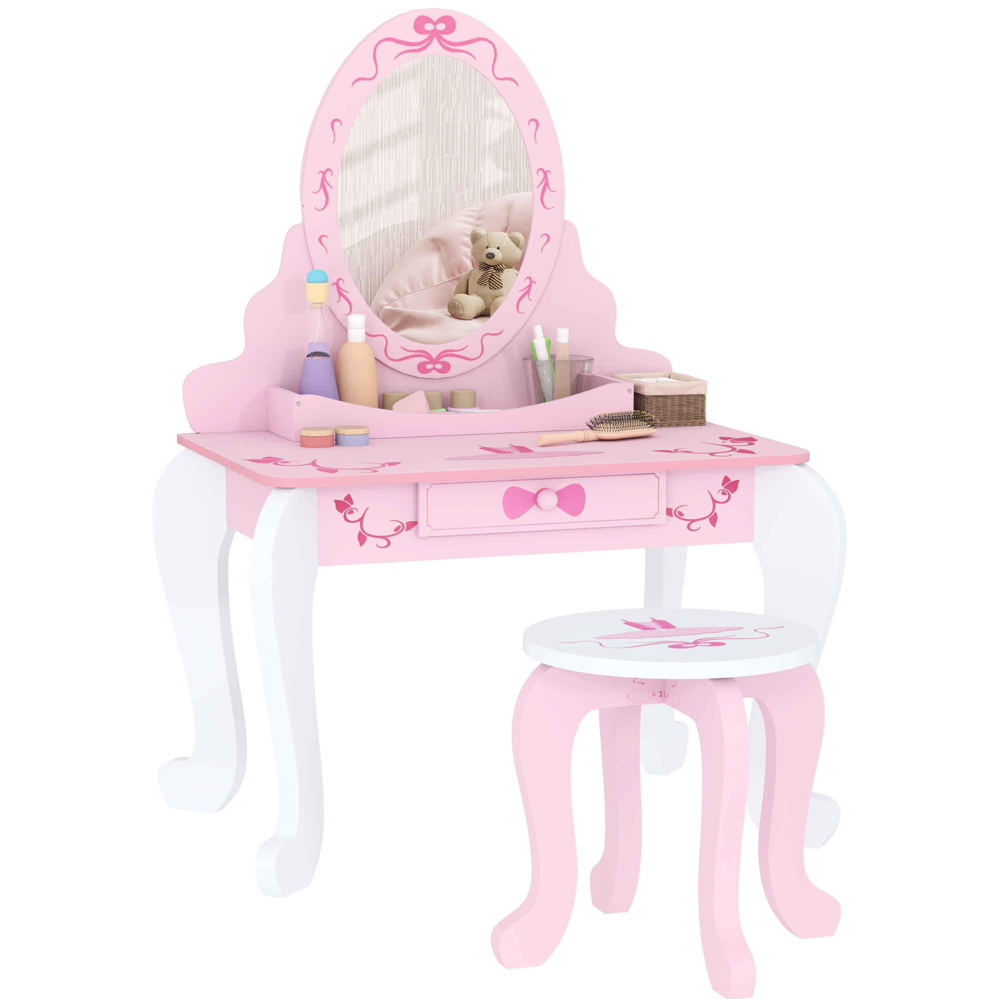AIVAGO Kids Dressing Table Set, Vanity Table with Stool, Mirror, Drawer, Desktop Storage, Ballet Theme, Pink