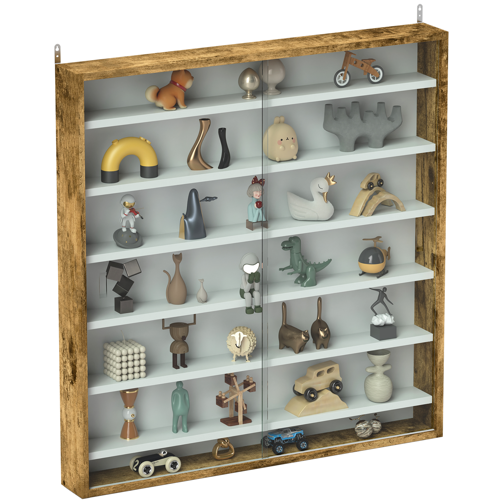 HERON Six Shelf Display Cabinet, with Glass Doors - Brown