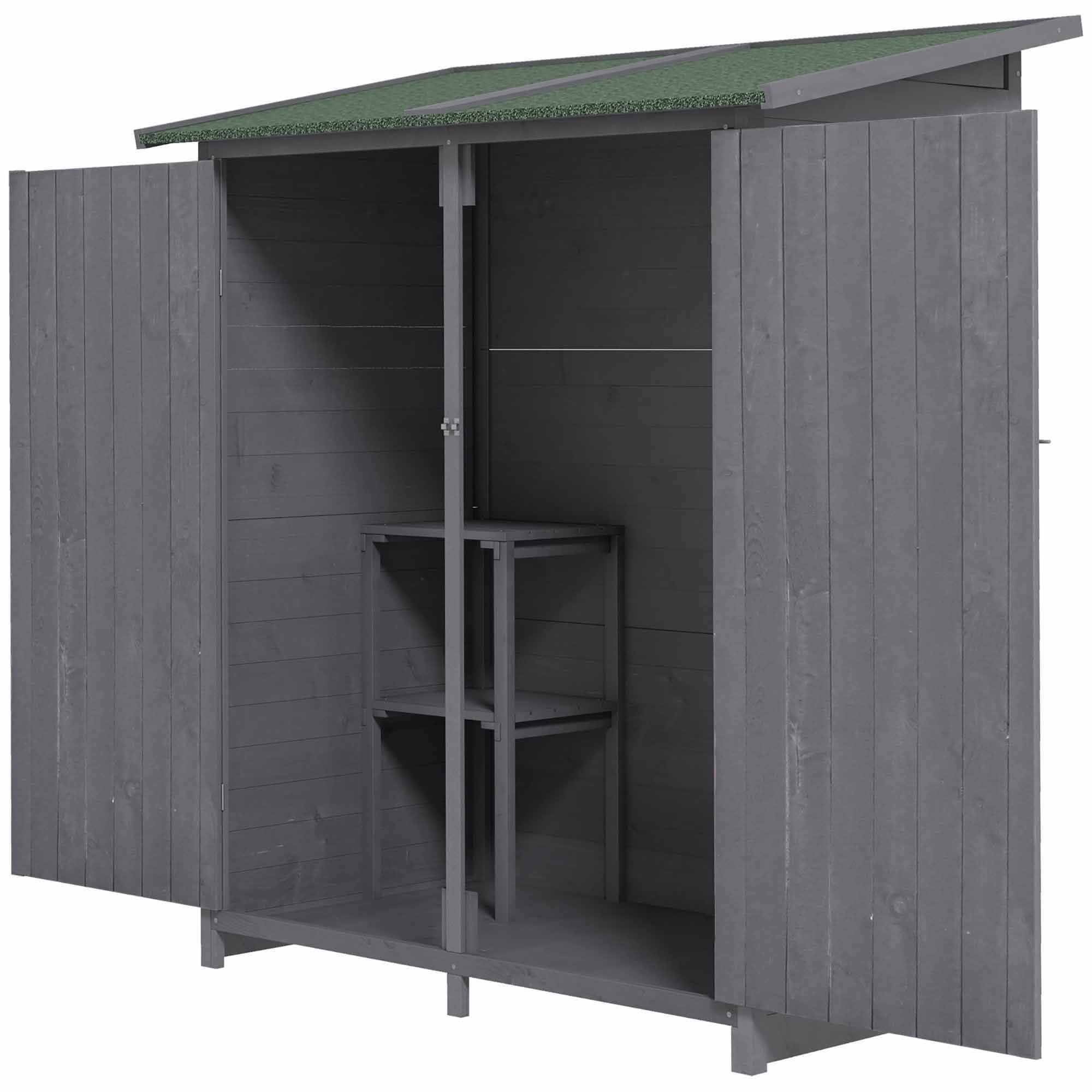 Wooden Garden Storage Shed Lockable Tool Cabinet Organizer w/ Storage Table, Double Door, 139 x 75 x 160 cm, Grey