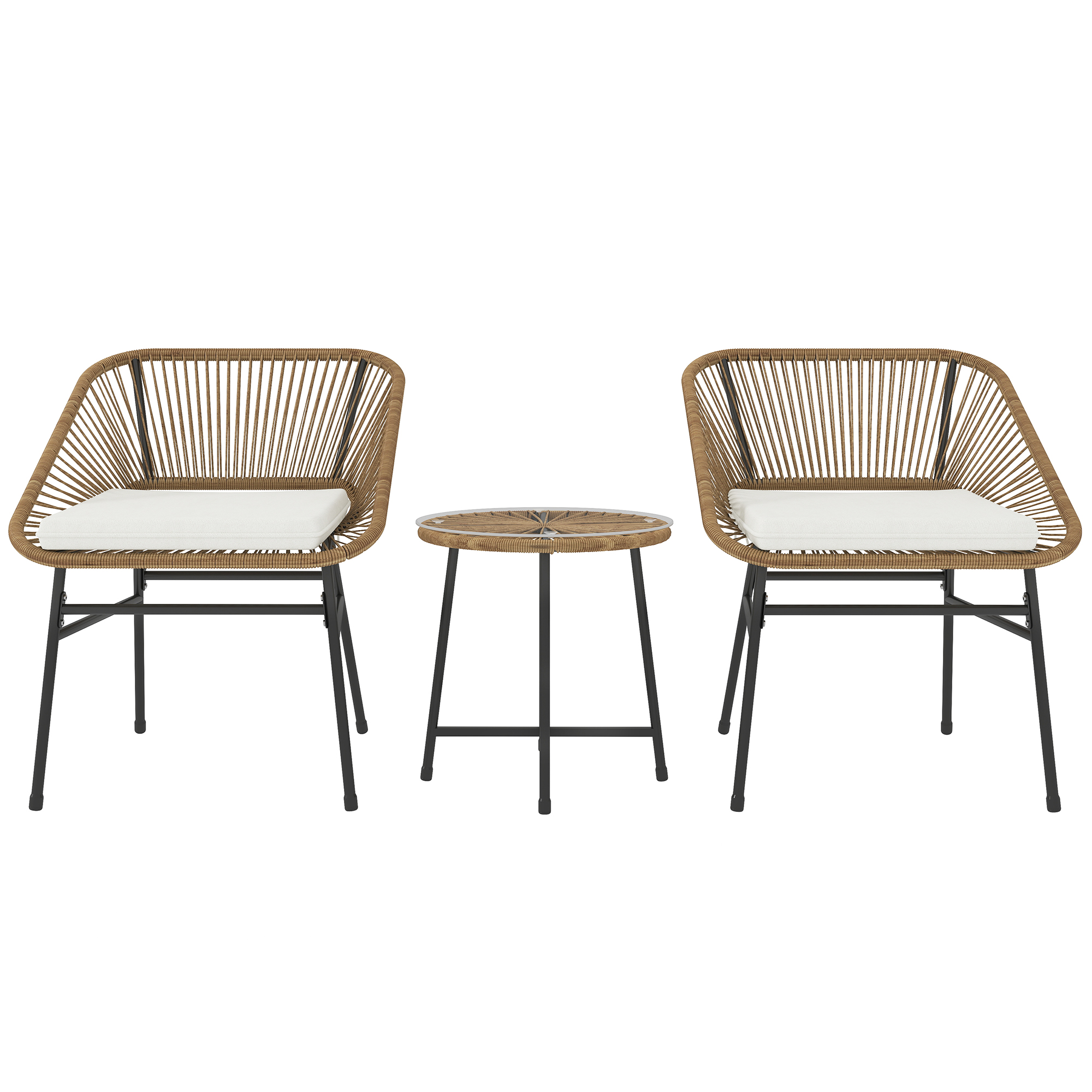 SUNVISTA 3 Pieces Rattan Bistro Set, Wicker Small Garden Table and Chairs Set with Cushions and Glass Top Coffee Table, Natural