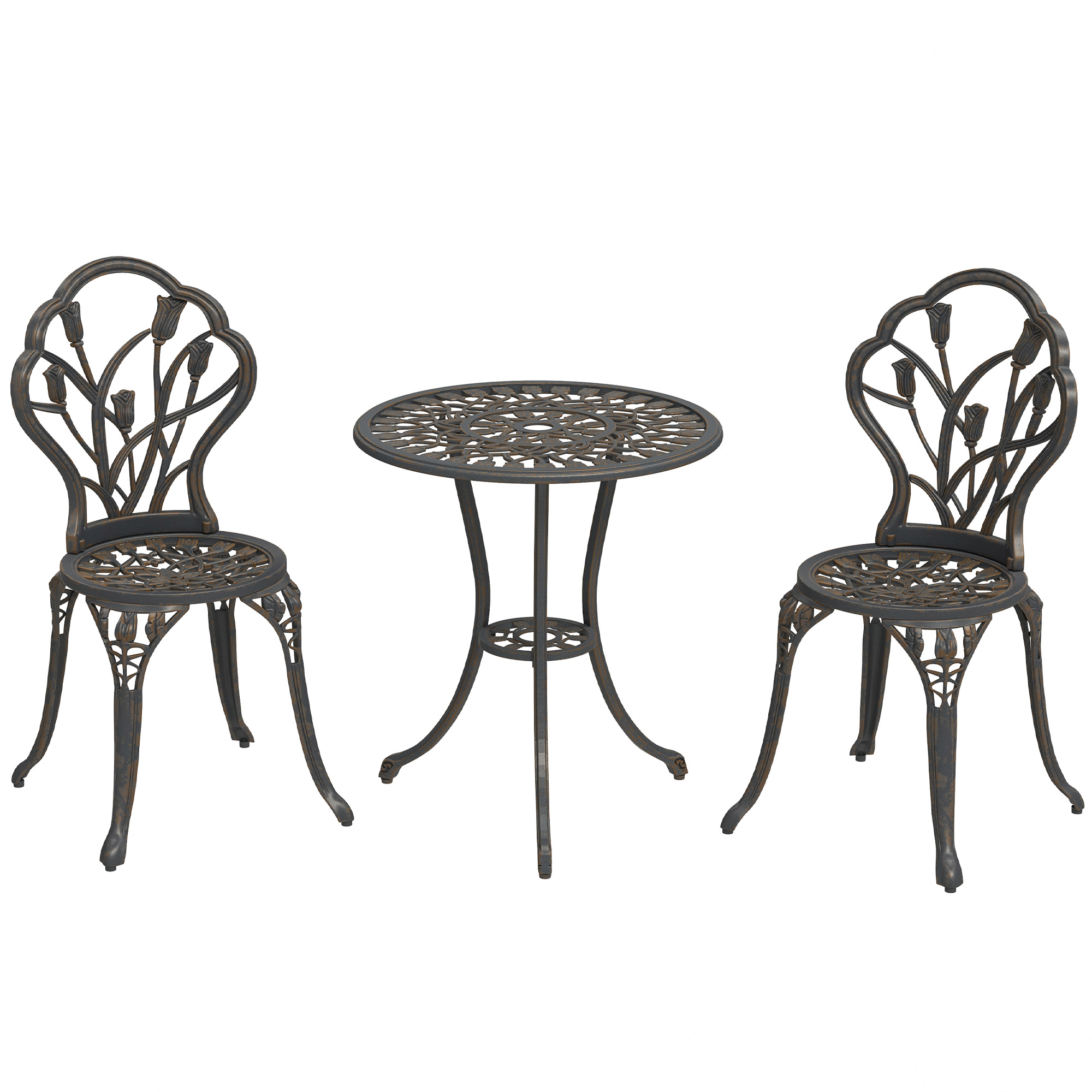 SUNVISTA 3 Piece Patio Bistro Set for 2, Outdoor Aluminium Garden Table and Chairs with Umbrella Hole for Balcony, Bronze Tone