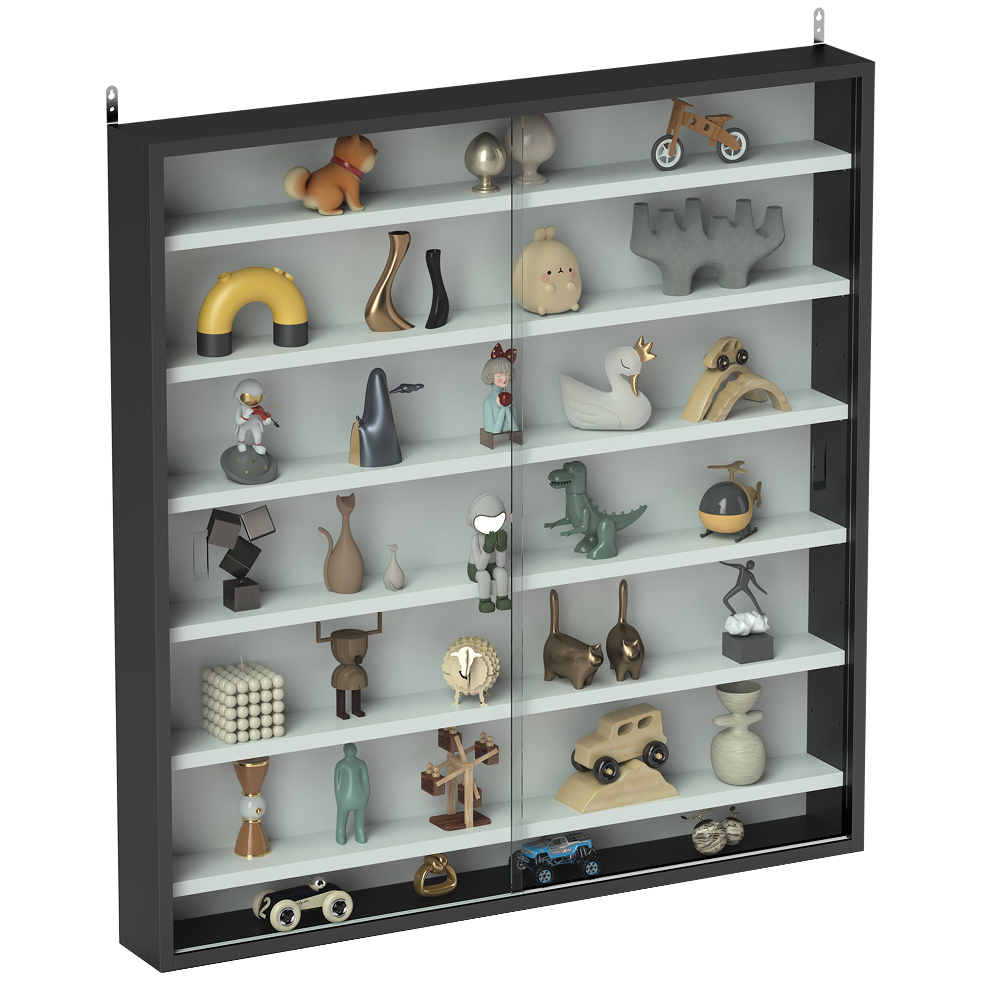 HERON Six Shelf Display Cabinet, with Glass Doors - Black and White