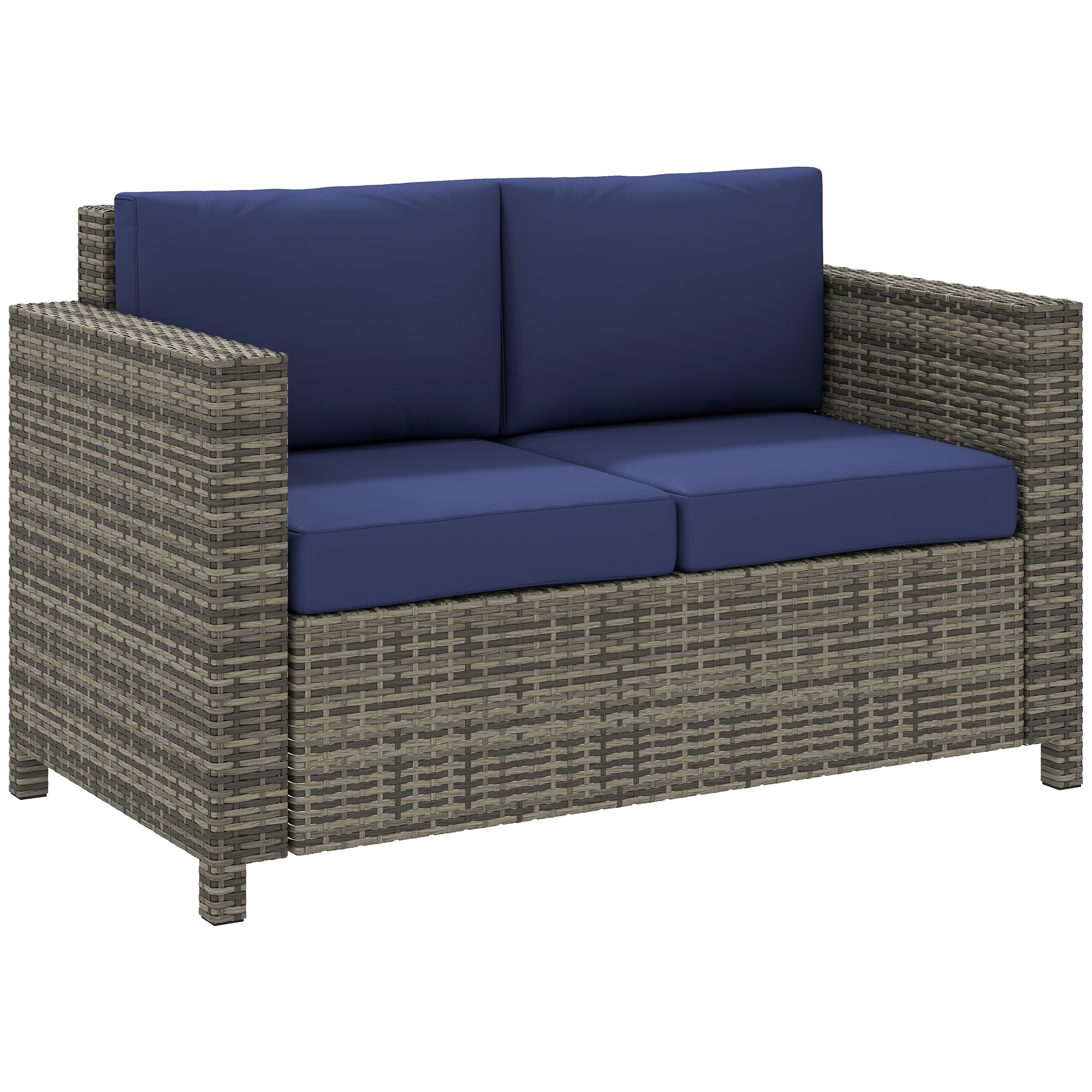 SUNVISTA 2 Seater Garden Furniture, Rattan Sofa with Soft Padded Cushion and Armrests, Wicker Garden Loveseat for Patio, Navy Blue