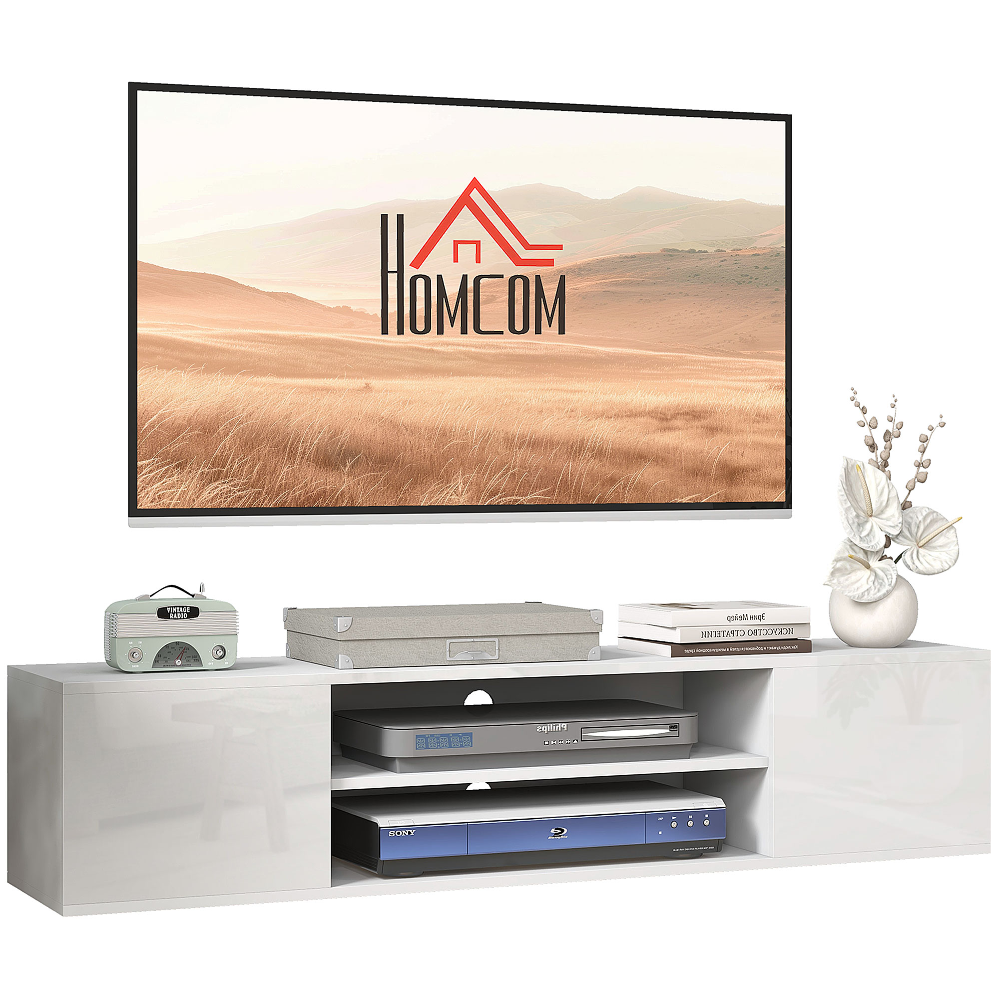 Floating TV Stand Cabinet for TVs up to 60", Wall Mounted TV Unit w/ Open Shelf, Storage Cupboards, Cable Management, White