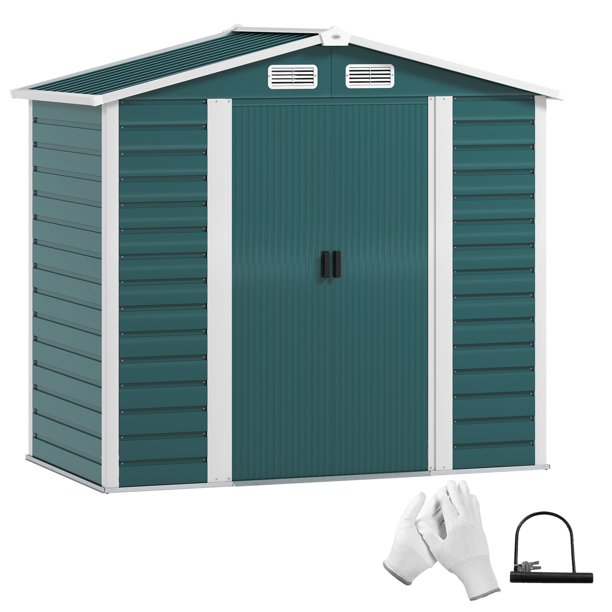 SUNVISTA 7x4ft Garden Storage Shed, Galvanised Steel, Double Doors with Lock, Foundation Kit & Vents, Green