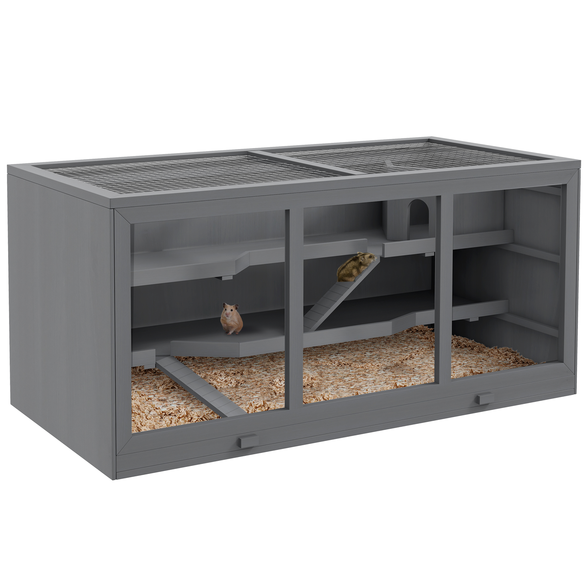 PAWSTER Wooden Hamster Cage, Small Animals Hutch with Tray, Openable Top, Exercise Play House Pen, 115L x 57W x 55Hcm, Grey