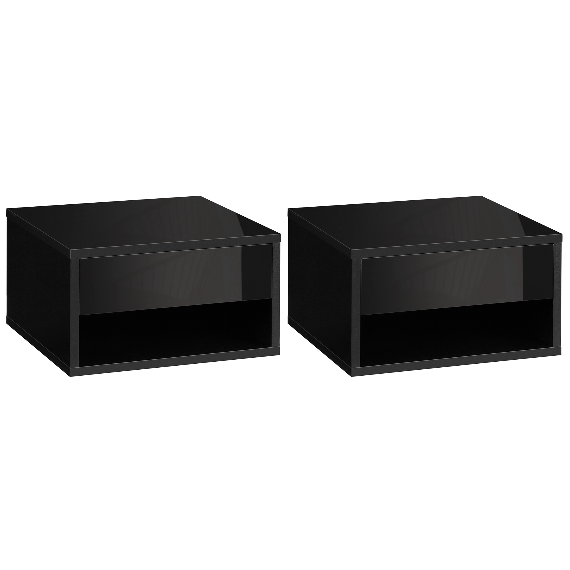 Bedside Table - KINDERSLEY 2 Piece Nightstand High Gloss Black 37cm