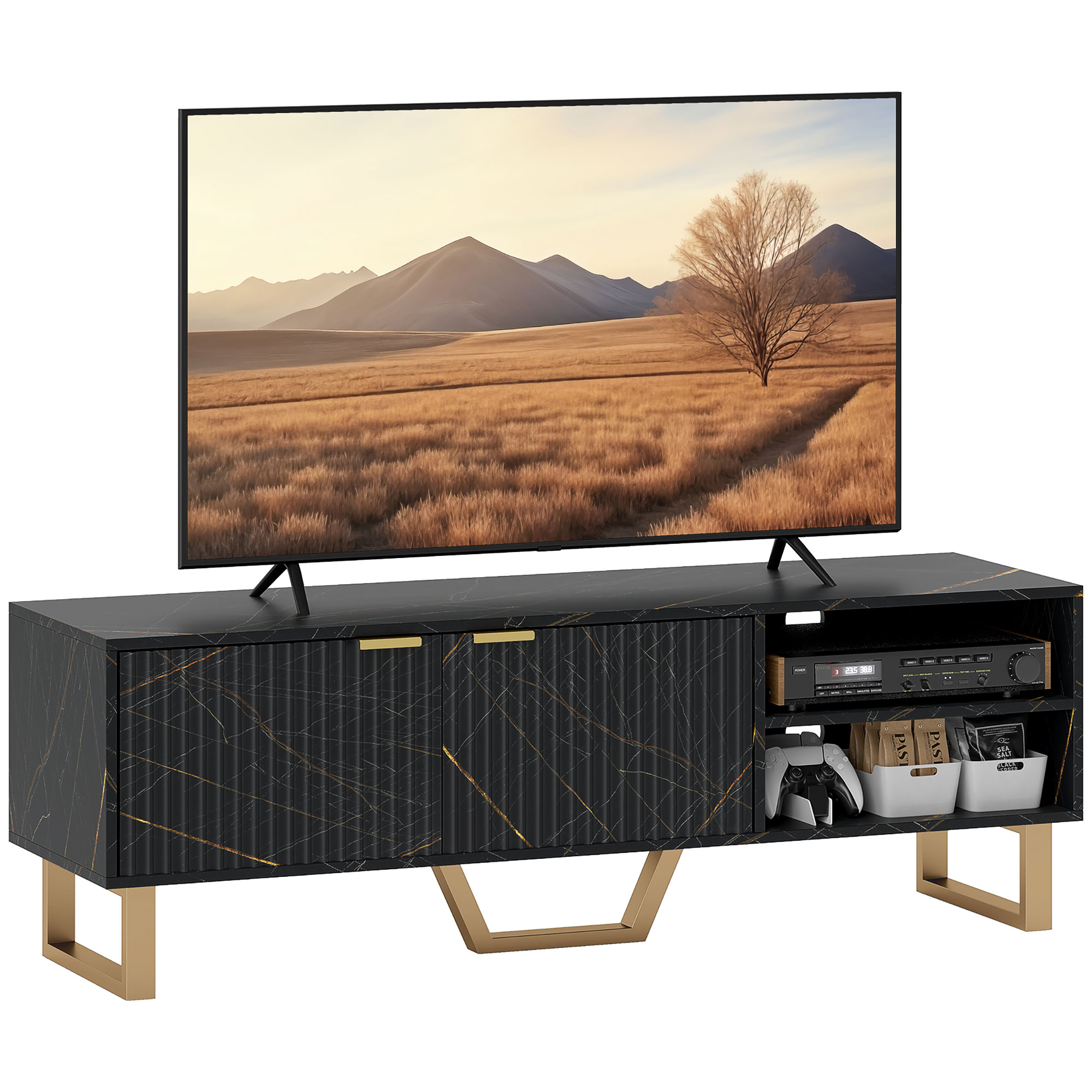 HERON Marble TV Stand, Fluted Door, Cable Management, Cabinet for up to 70 Inch TV, Black