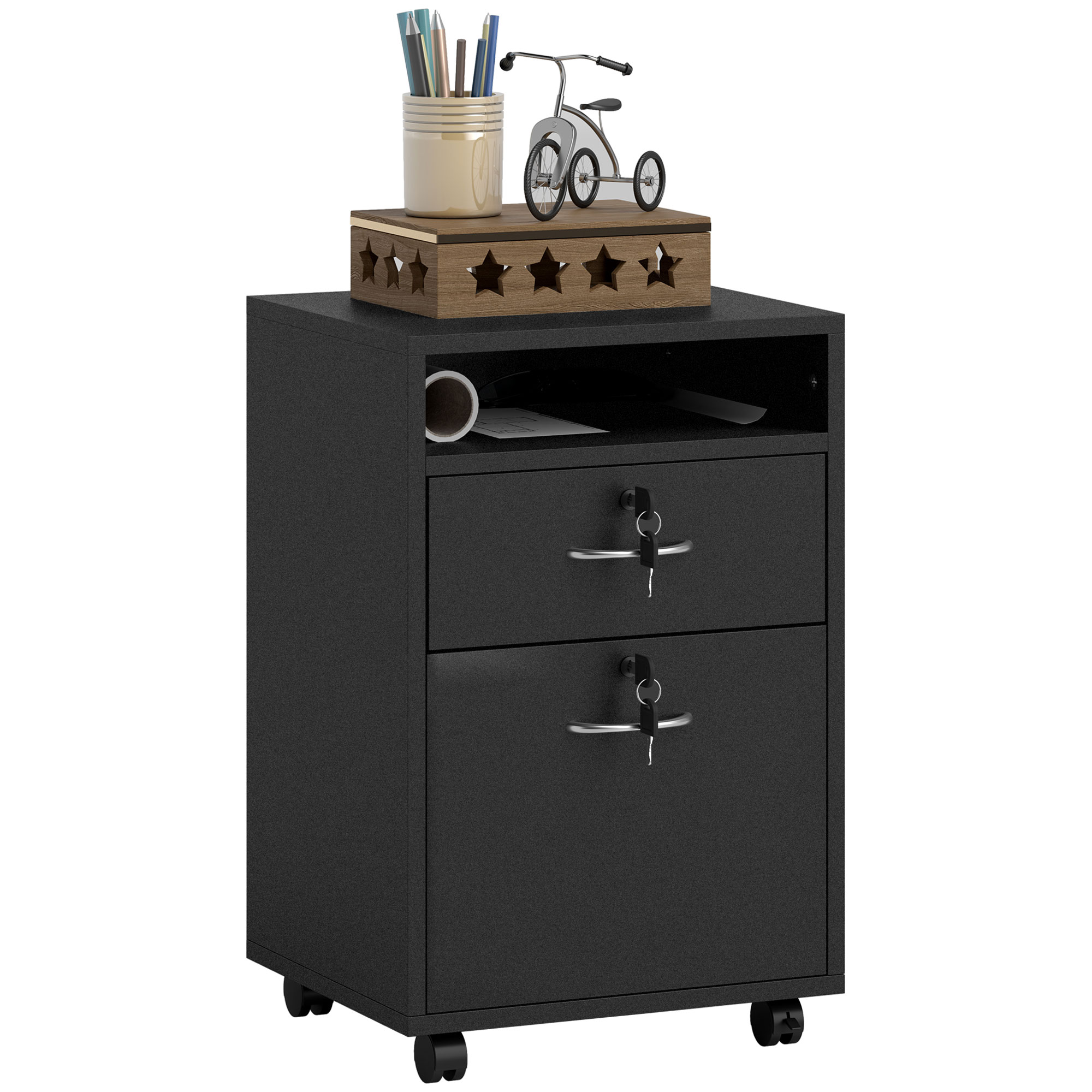 HERON 60cm Filing Cabinet with Drawer, Open Shelf, Metal Handles and 4 Wheels, Office Home Organiser Mobile Printer with Two Locks, Black
