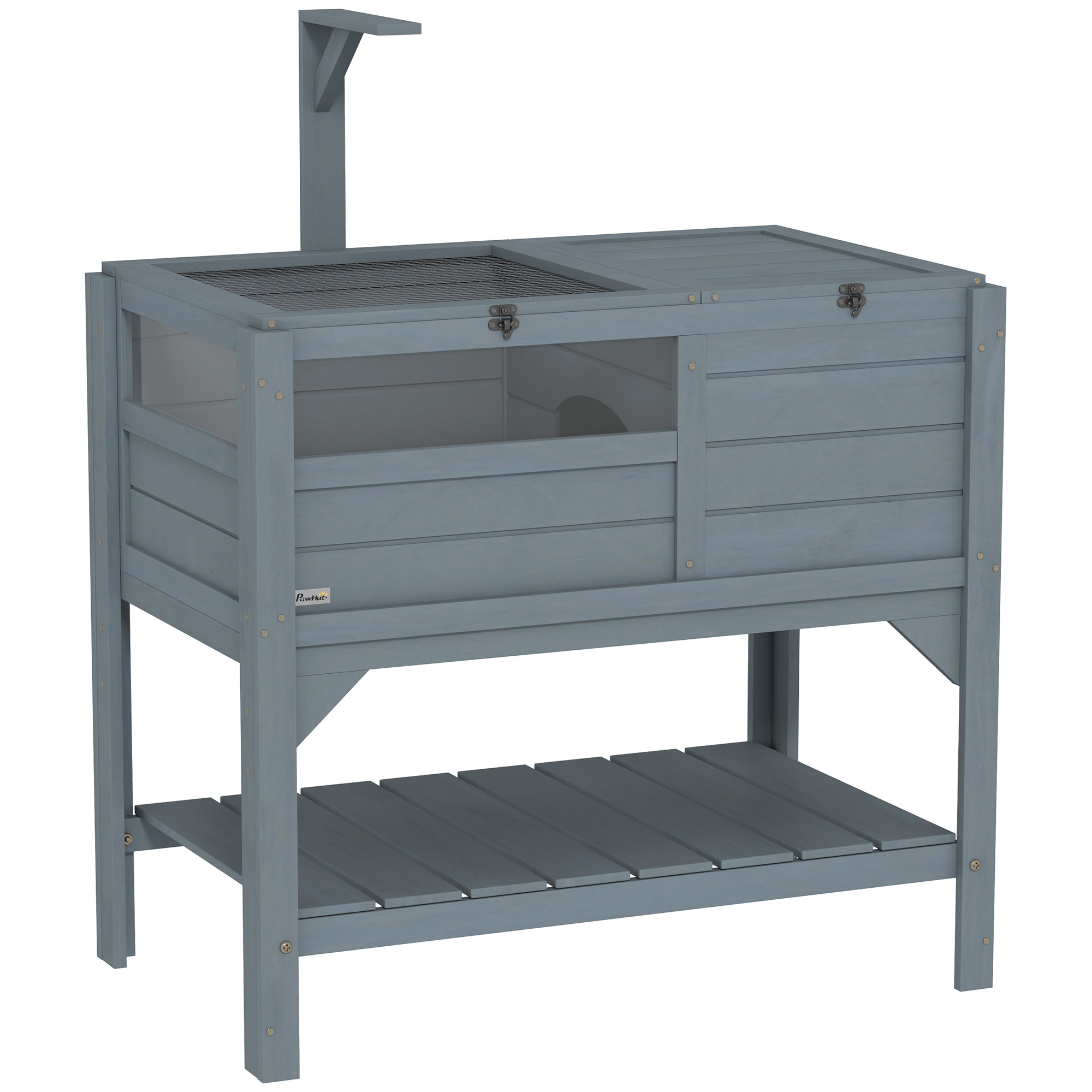 PAWSTER Wooden Tortoise House, with Shelter, Run, Shelf, Lamp Holder, Tray, Grey