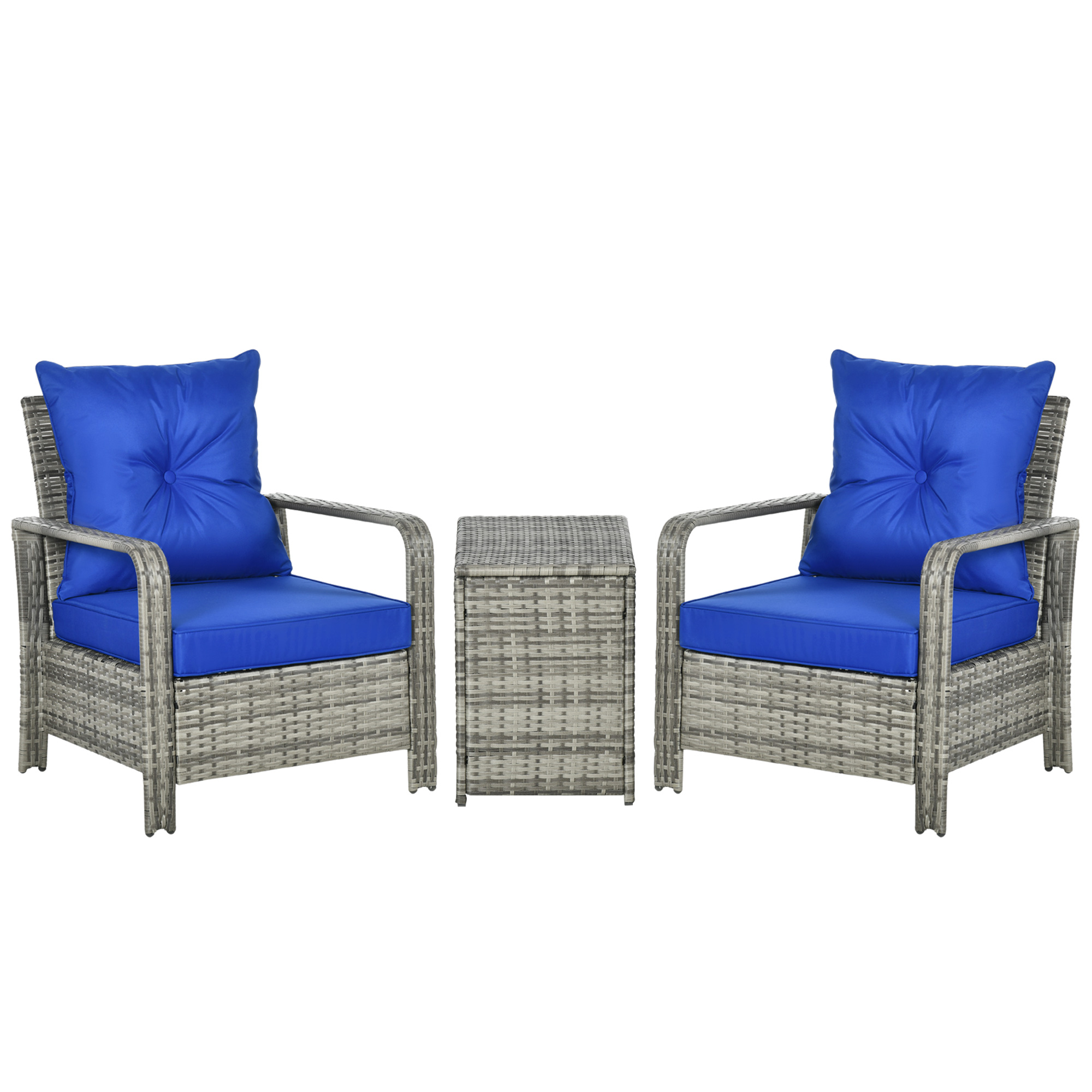 3 pcs PE Rattan Wicker Garden Furniture Patio Bistro Set Weave Conservatory Sofa Storage Table and Chairs Set Blue Cushion Grey Wicker