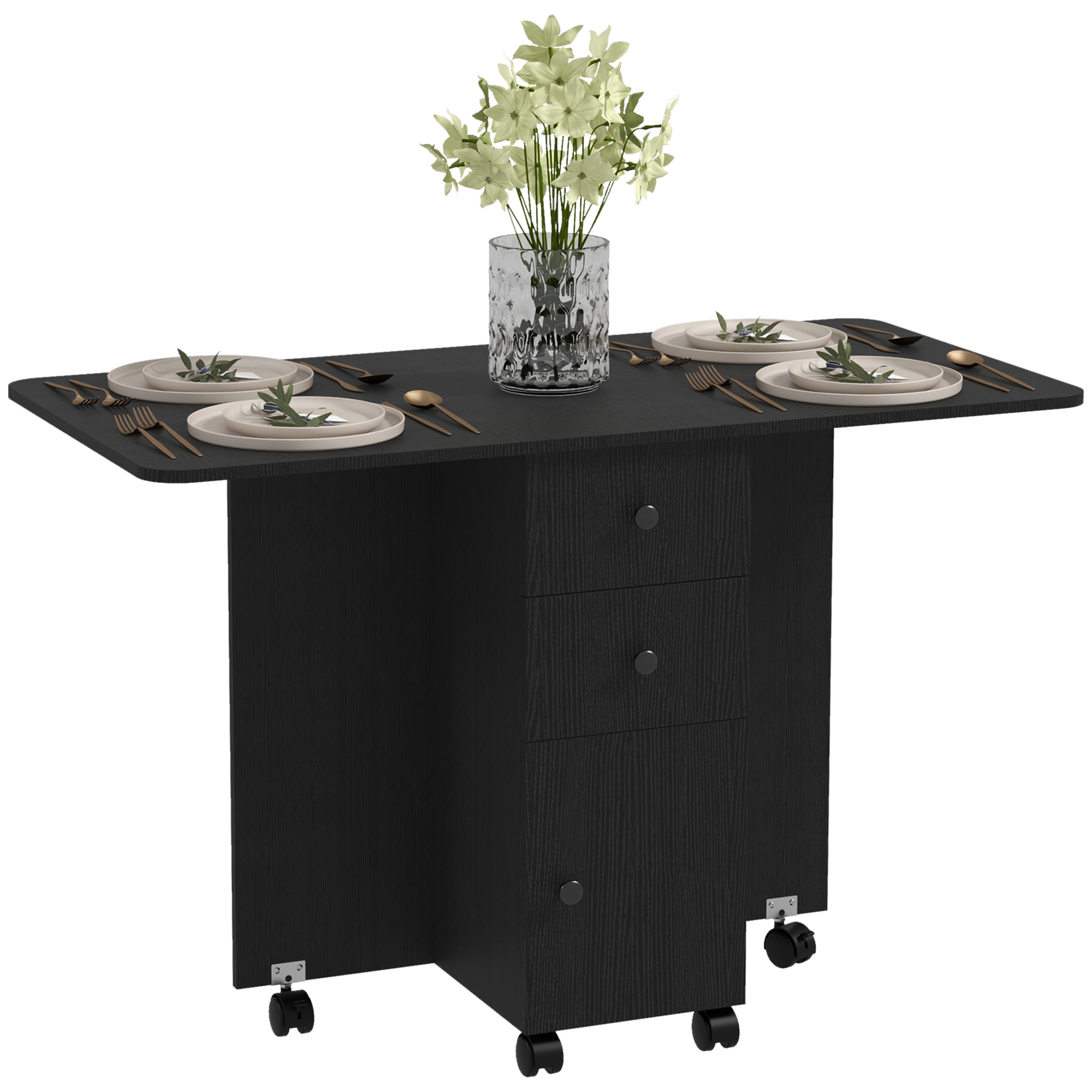 HERON Multi-Storage Six-Person Drop Leaf Dining Table - Distressed Black