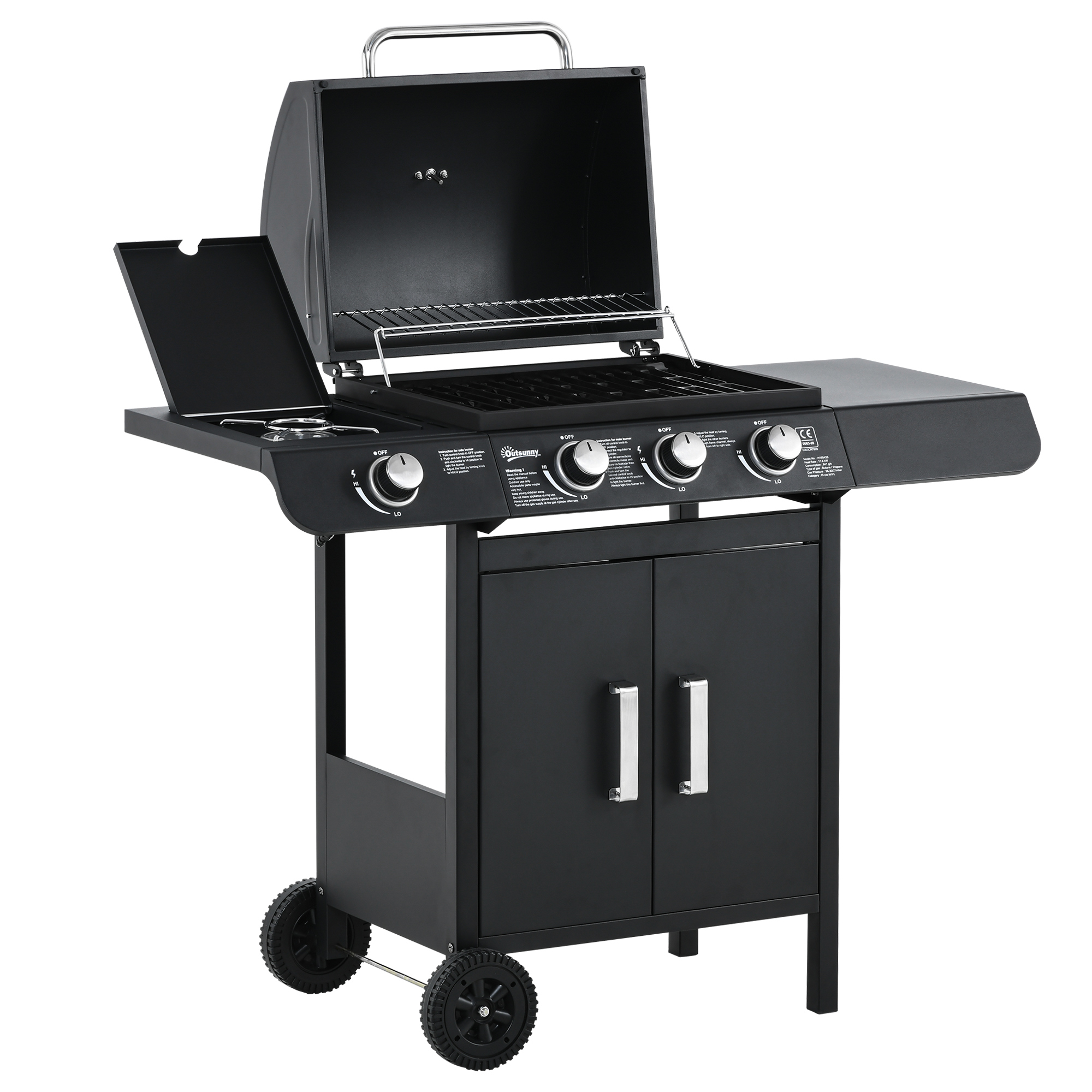 Gas Burner Barbecue Grill 3+1 Burner Garden BBQ Trolley w/ Side Burner Warming Rack Side Shelves Storage Cabinet Piezo Ignition 110x50x100cm