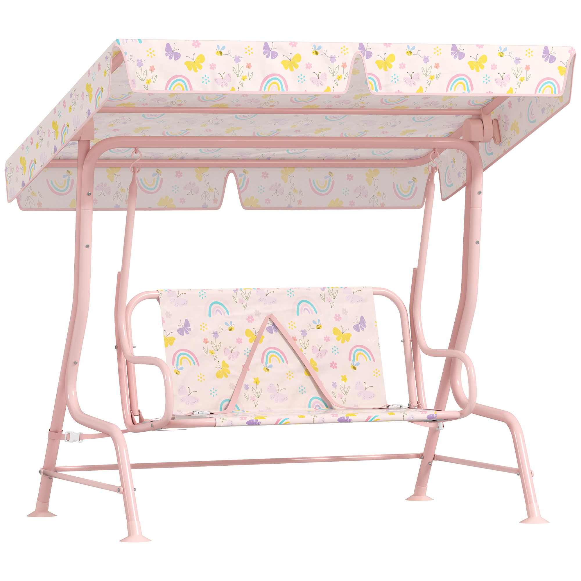 AIVAGO Kids Garden Swing Chair with Adjustable Canopy, Safety Belt, 2 Seater Hammock Swing Bench for Patio, Porch, Pink