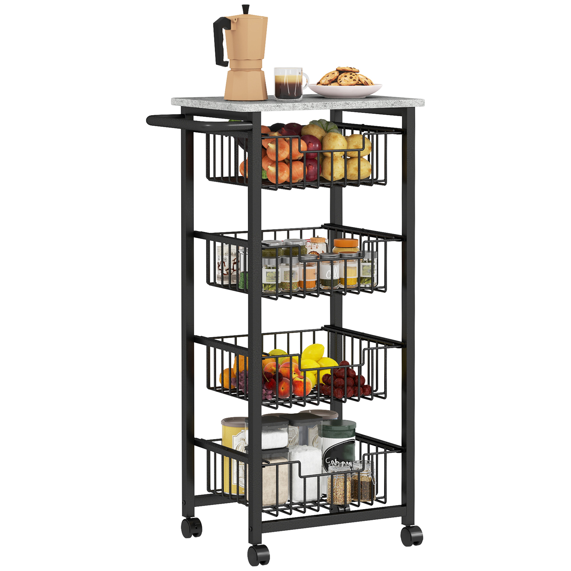 HERON Four Basket Mobile Kitchen Island, with Brakes - Grey/Black
