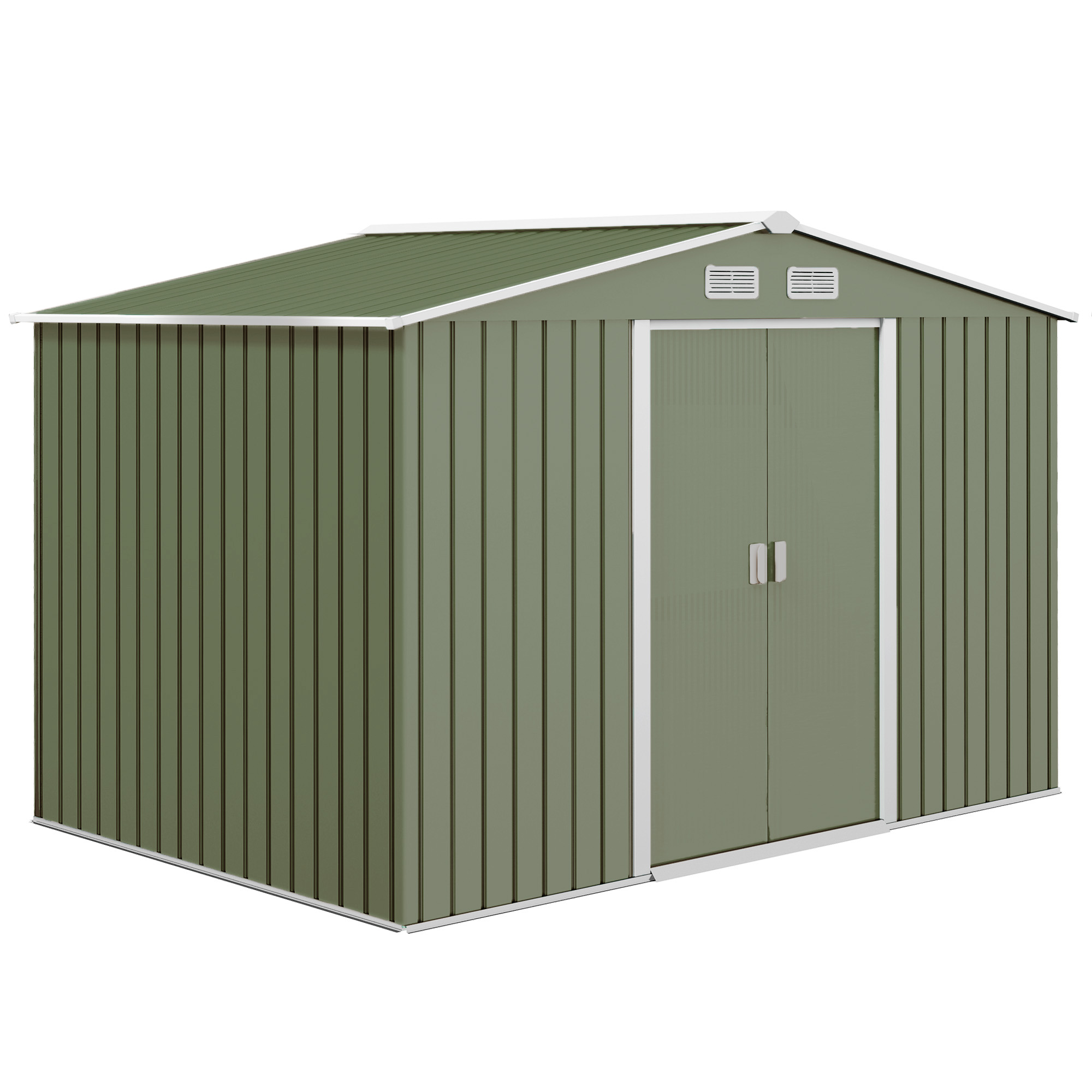 9 x 6 ft Metal Garden Storage Shed Corrugated Steel Roofed Tool Box with Foundation Ventilation and Doors, Light Green