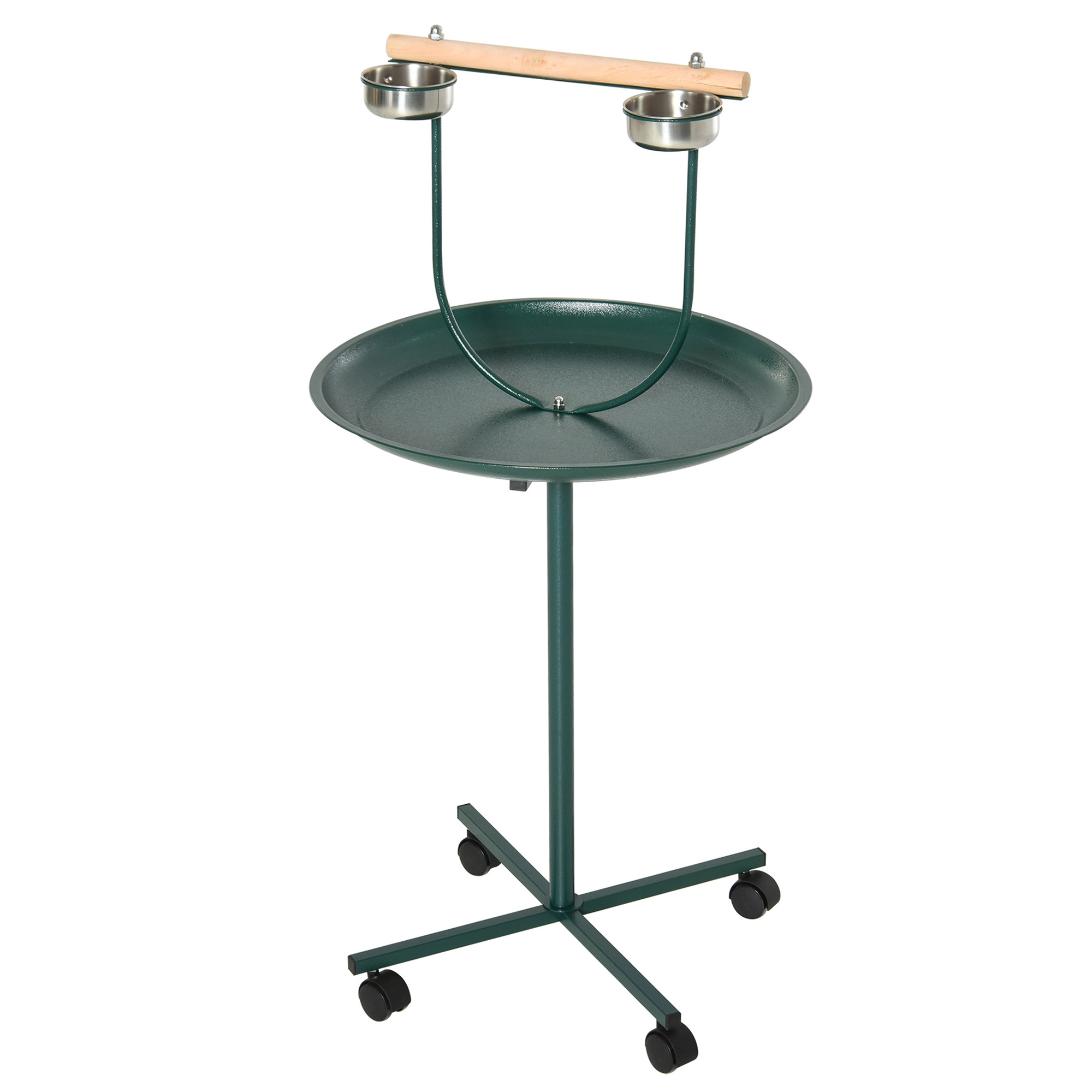 PAWSTER Bird Perch Stand with Perch, Four Wheels, Feeding Bowls for Small & Medium Birds, Green