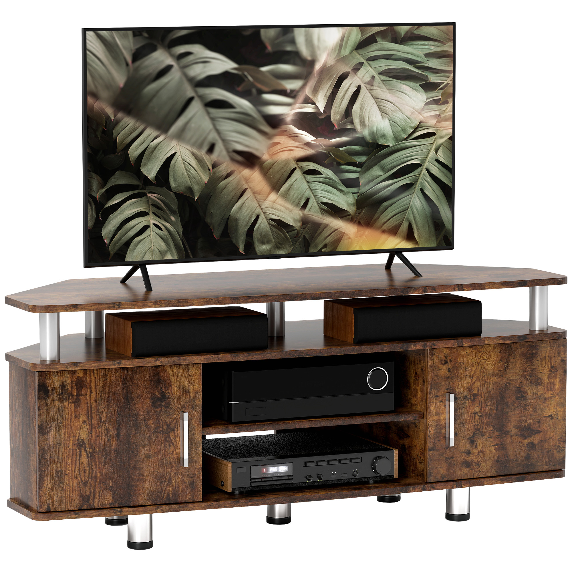 HERON TV Unit Cabinet for TVs up to 55 Inches with Storage Shelves and Cupboard, Entertainment Centre for Living Room, Rustic Brown