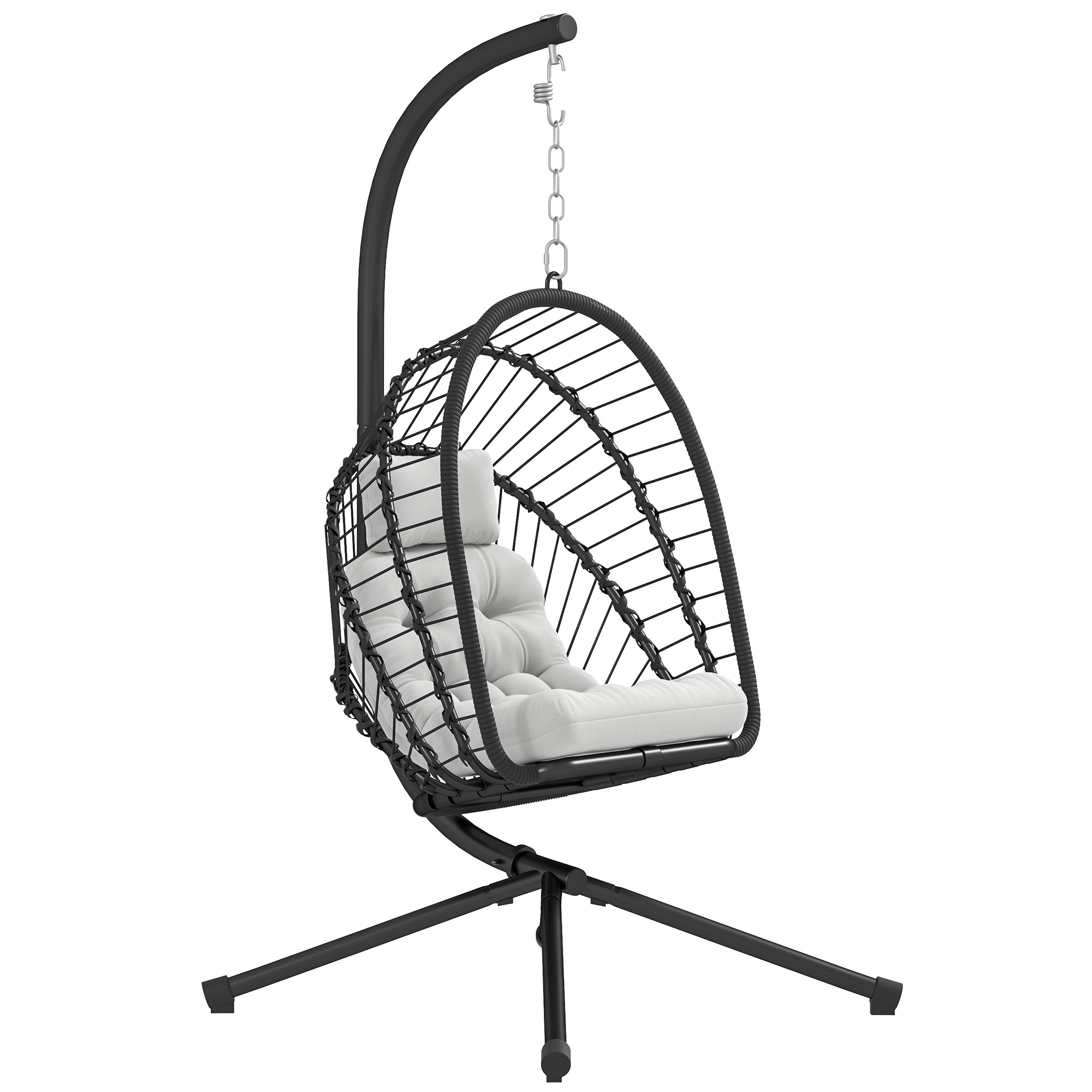 SUNVISTA Outdoor PE Rattan Swing Chair with Cushion, Garden Foldable Basket Patio Hanging Egg Chair with Metal Stand, Black