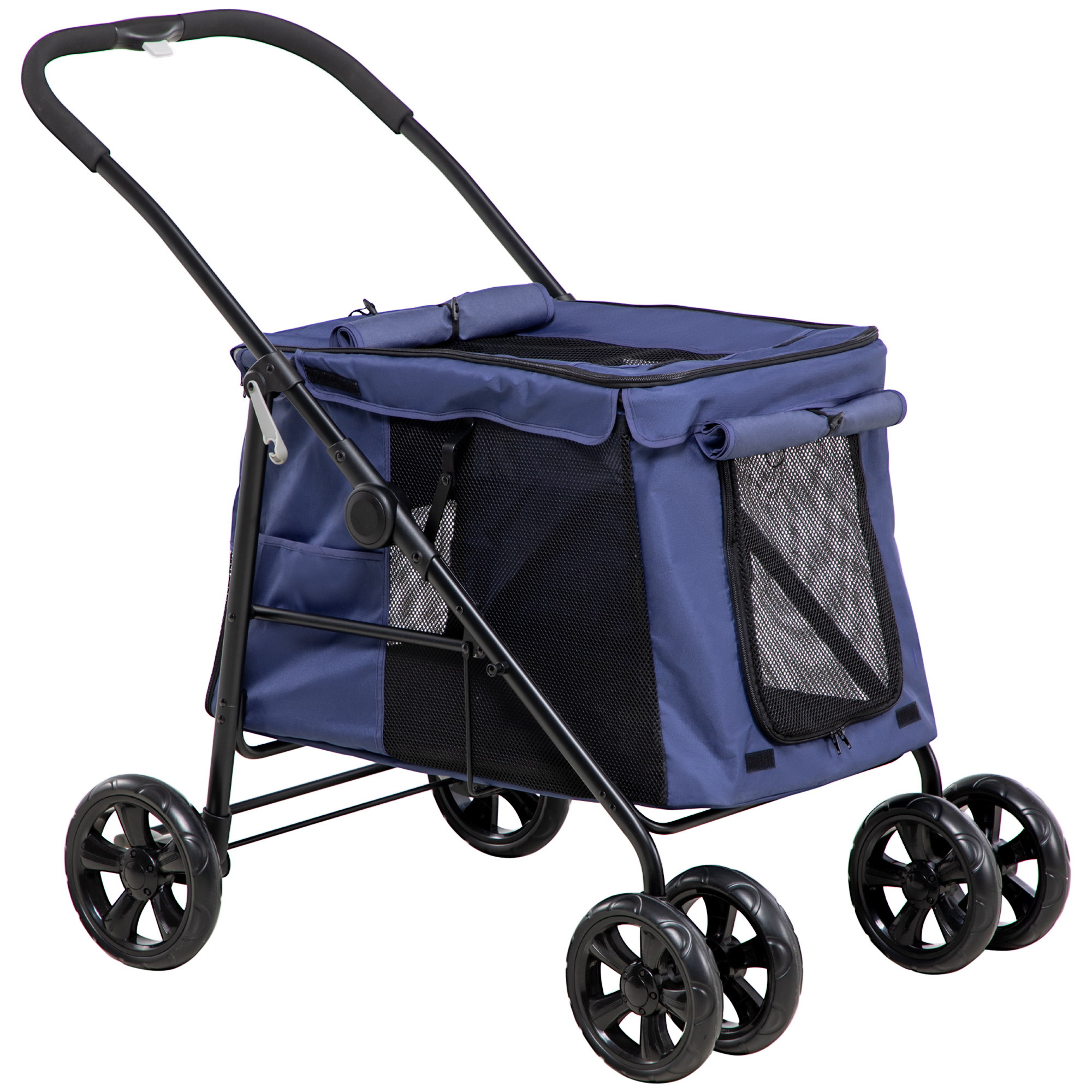 One-Click Foldable Pet Stroller, Dog Cat Travel Pushchair w/ EVA Wheels, Storage Bags, Mesh Windows, Doors, Safety Leash, Cushion Dark Blue