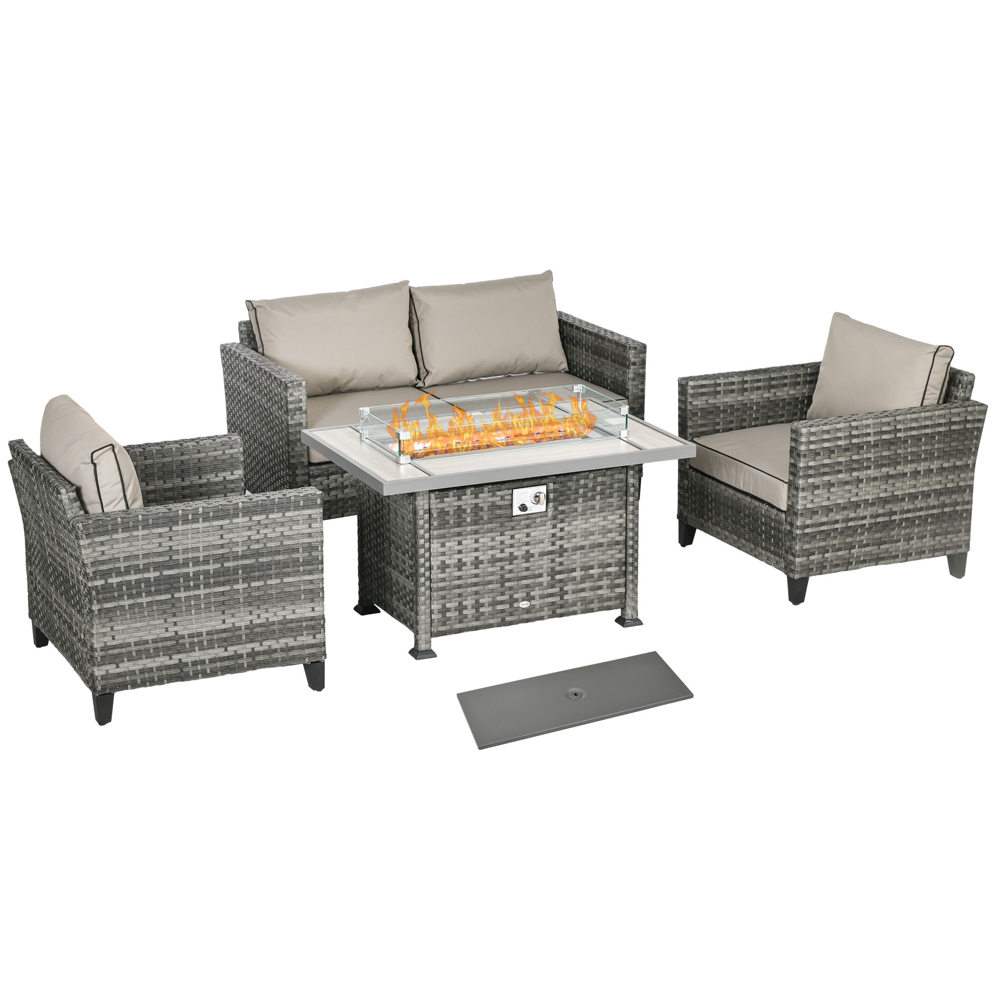 Jones 5-Piece Rattan Patio Furniture Set with Gas Fire Pit - Grey