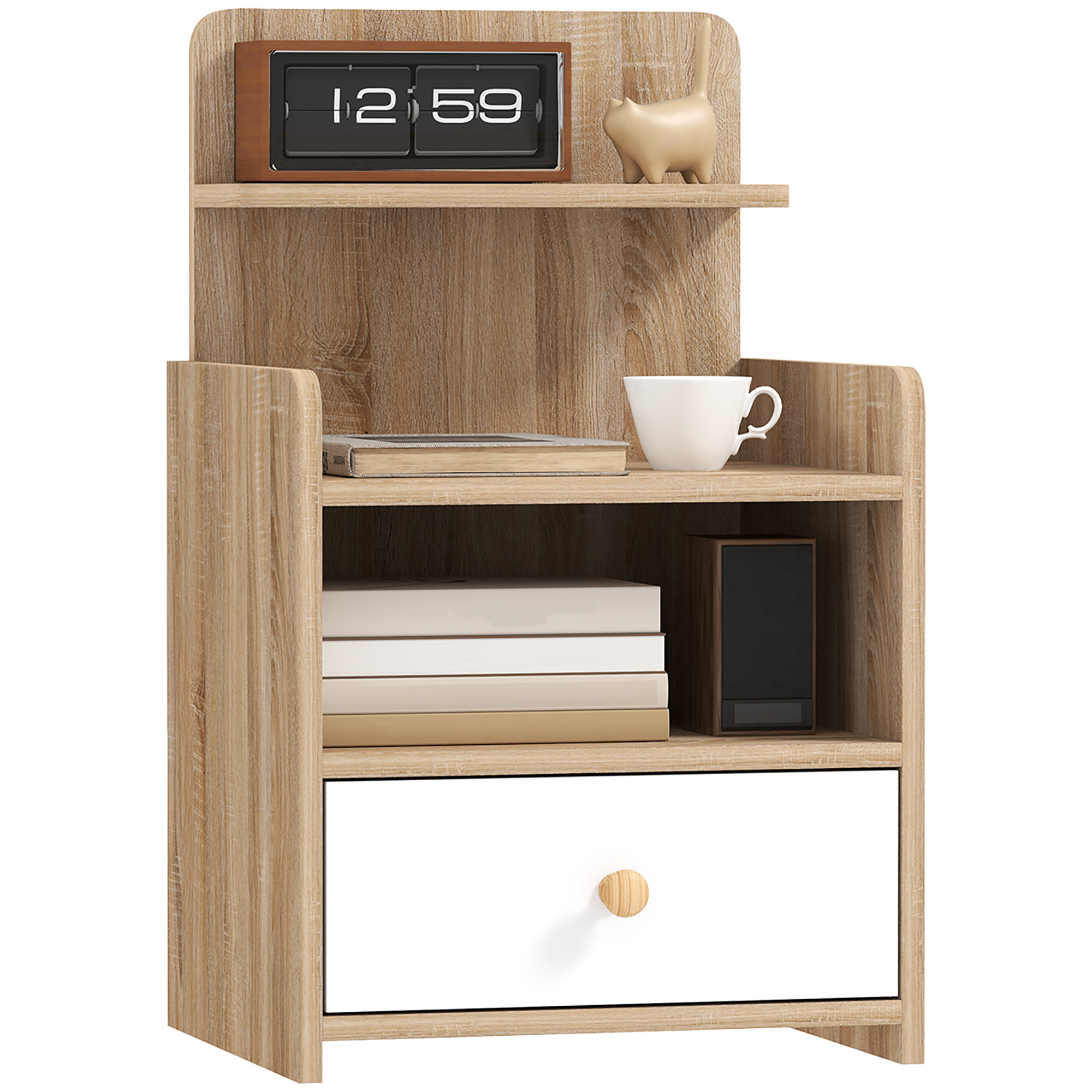 HERON Multi-Storage Bedside Table - White/Wood-Effect